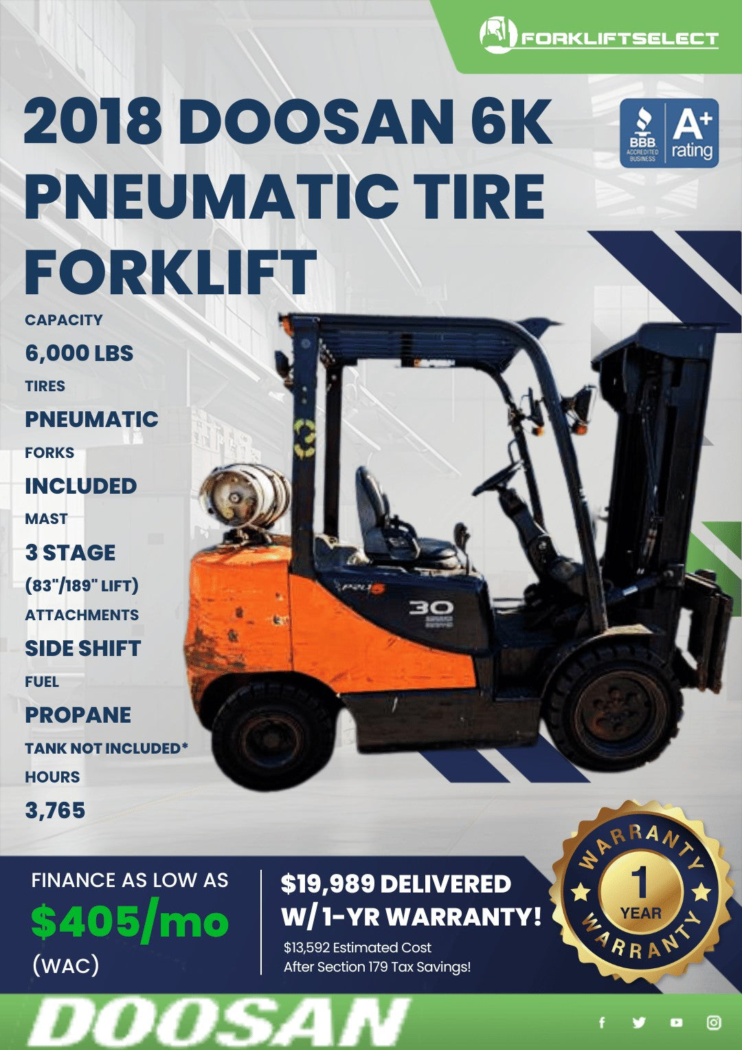 2018 Doosan 6K Pneumatic Tire Forkl...