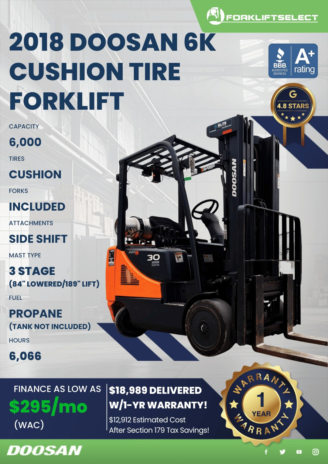 2018 Doosan 6K Cushion Tire Forklif...