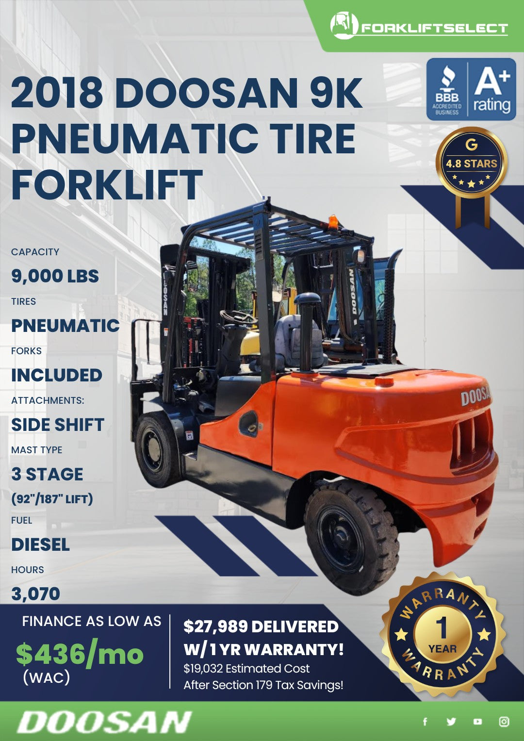 2018 Doosan 9K Pneumatic Tire Forkl...