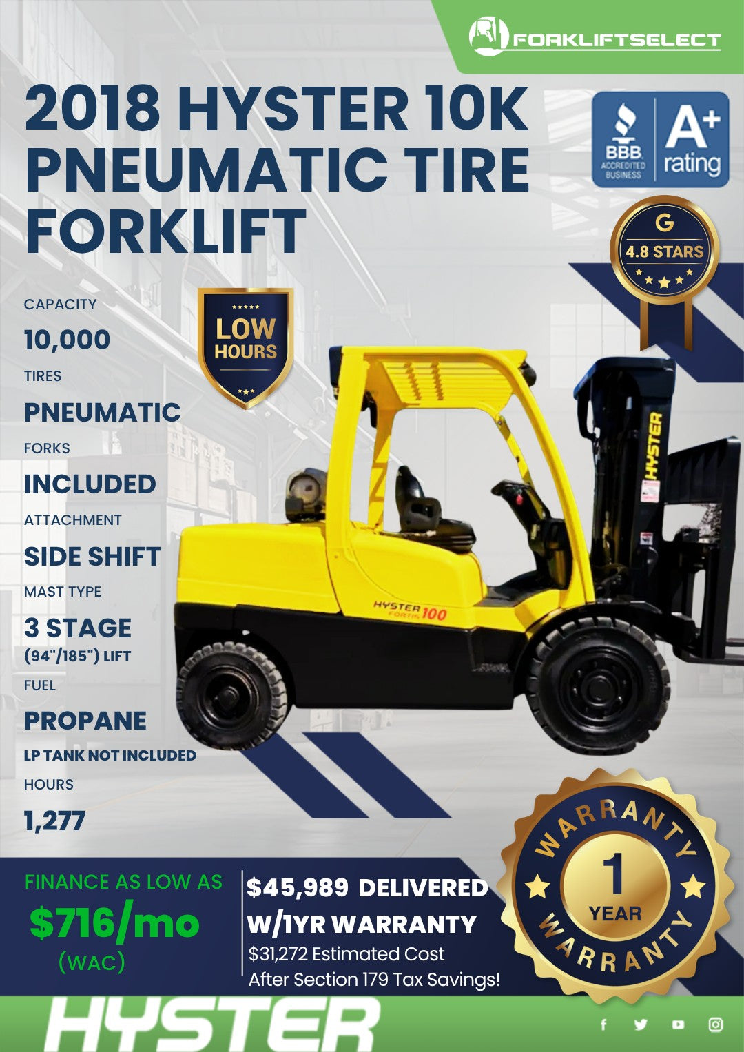 2018 Hyster 10K Pneumatic Tire Fork...