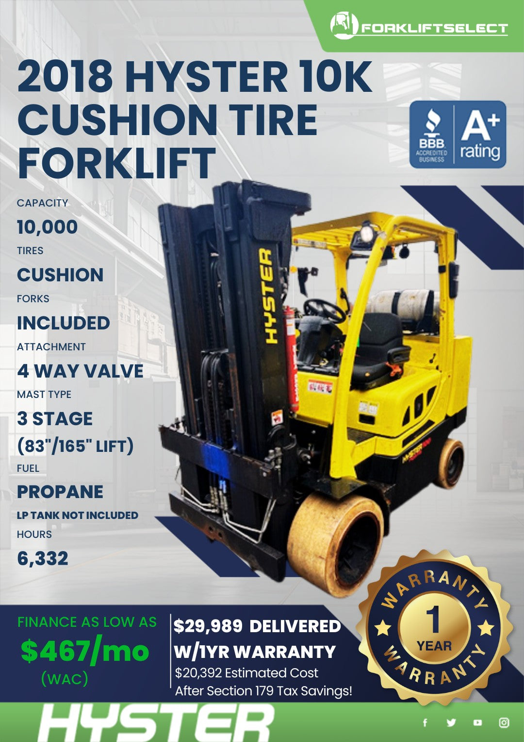 2018.0 Hyster 10K Cushion Tire Fork...
