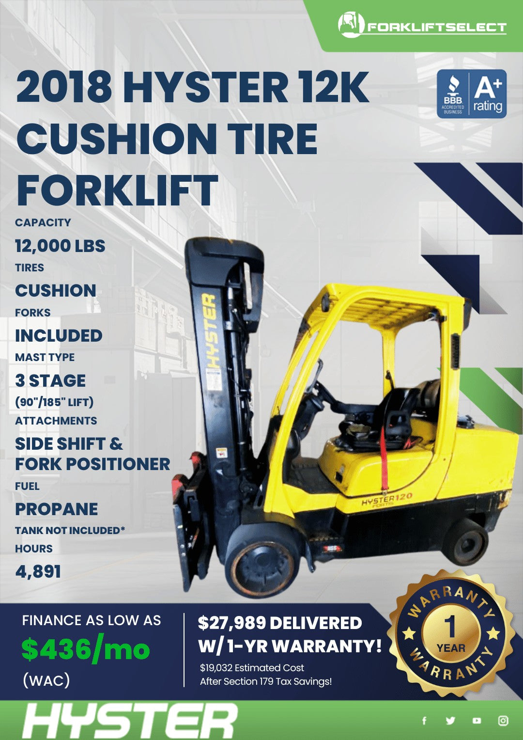2018.0 Hyster 12K Cushion Tire Fork...