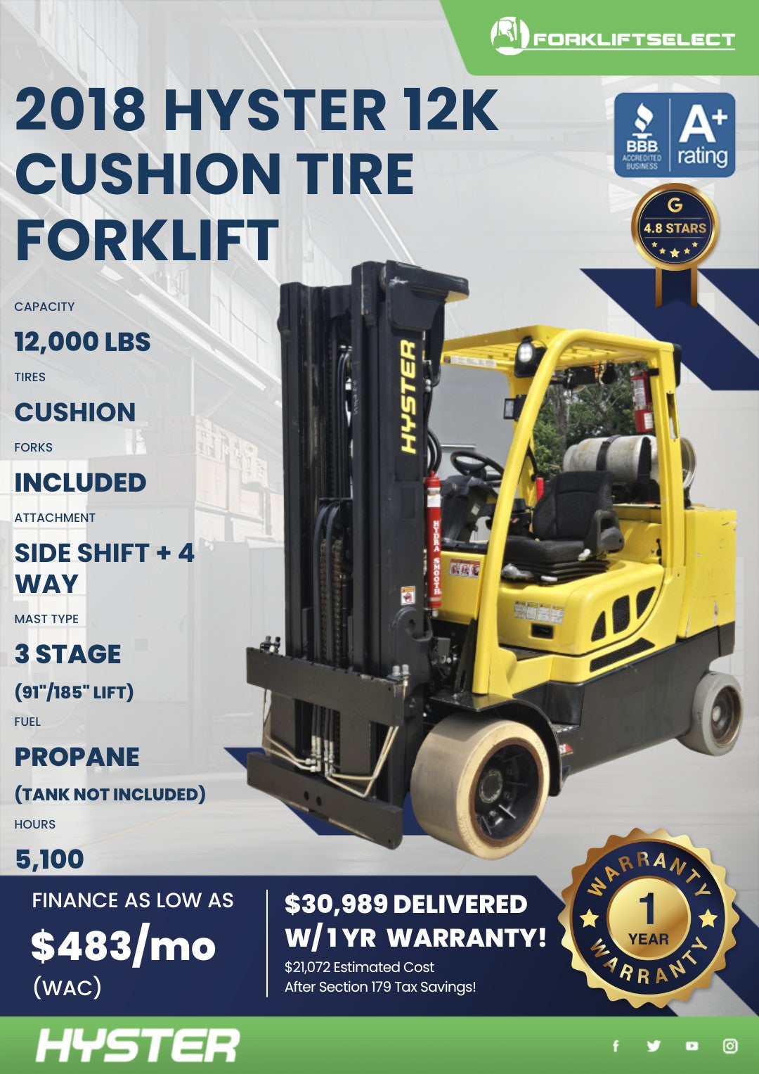 2018.0 Hyster 12K Cushion Tire Fork...