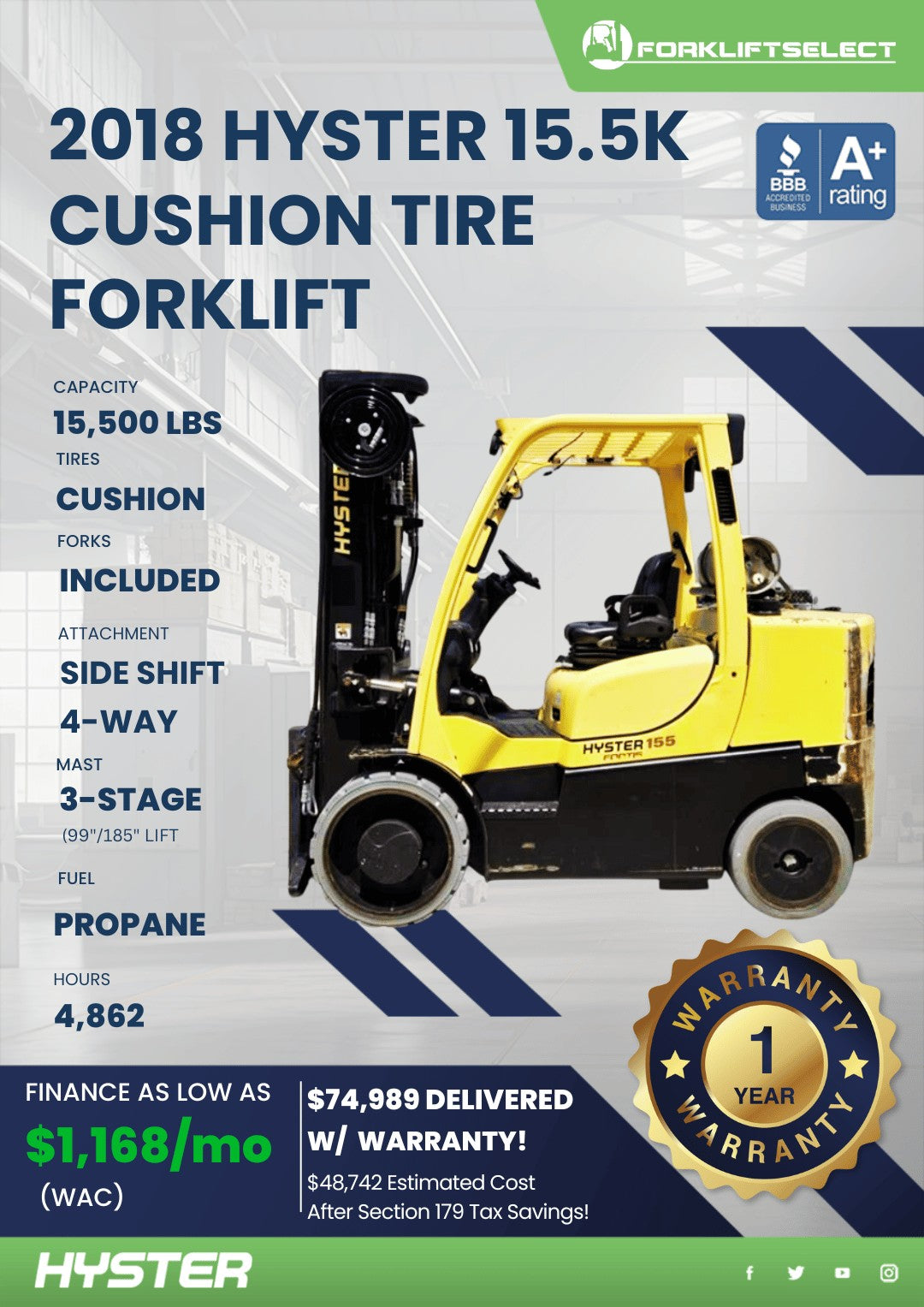 2018 Hyster 16K Cushion Tire Forkli...