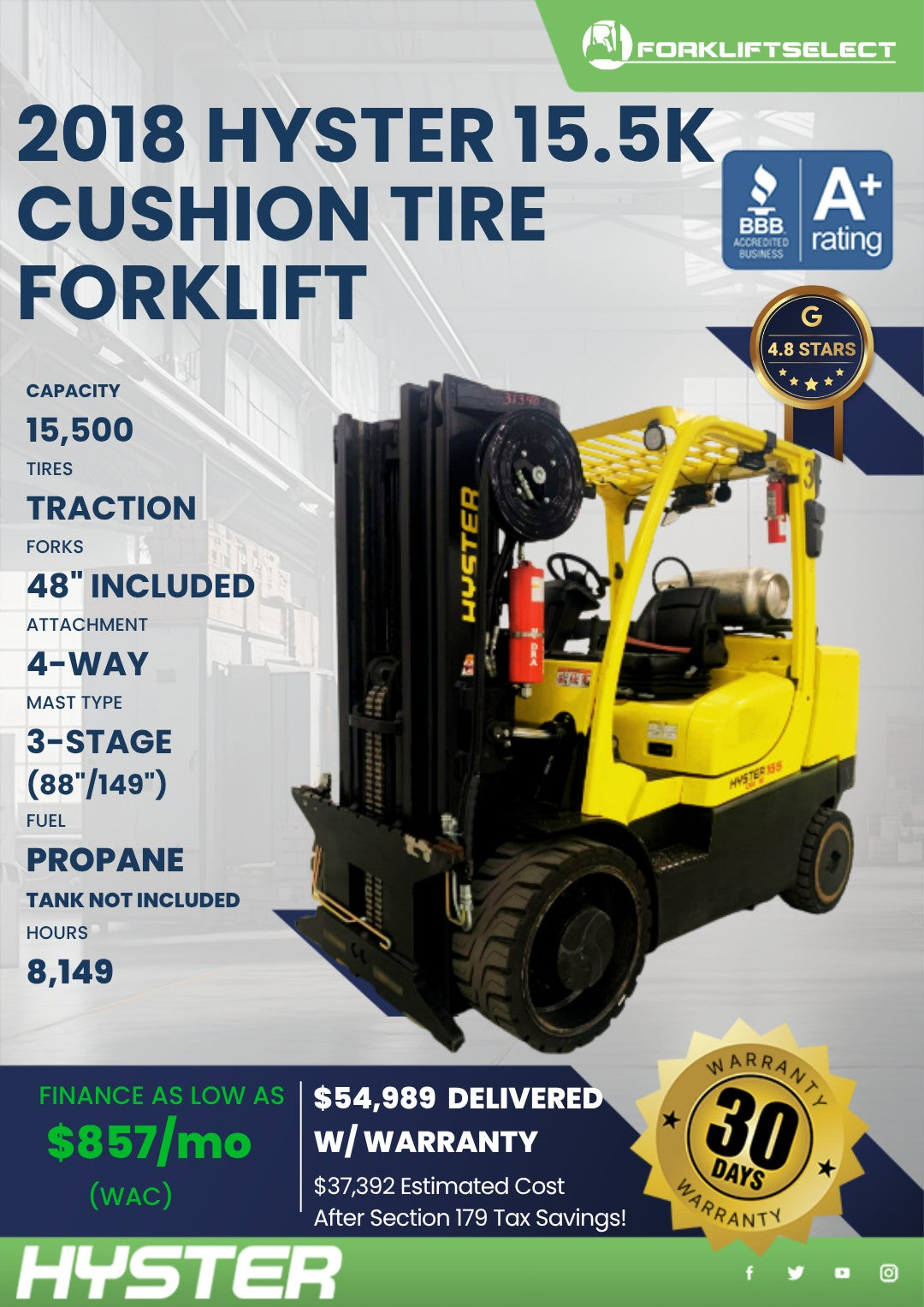 2018 Hyster 15.5K Cushion Tire Fork...
