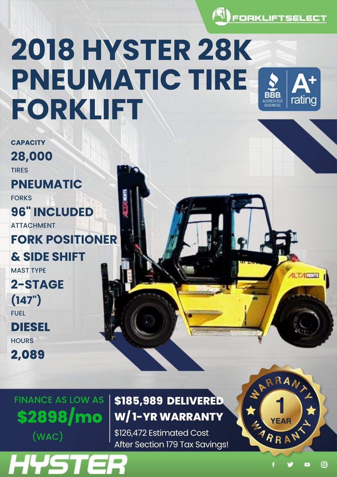 2018.0 Hyster 28K Pneumatic Tire Fo...