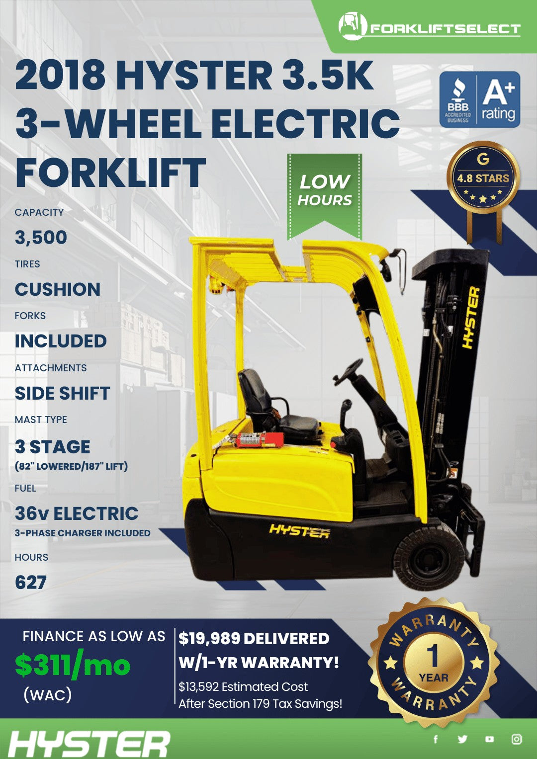 2018 Hyster 3.5K Cushion Tire Forkl...