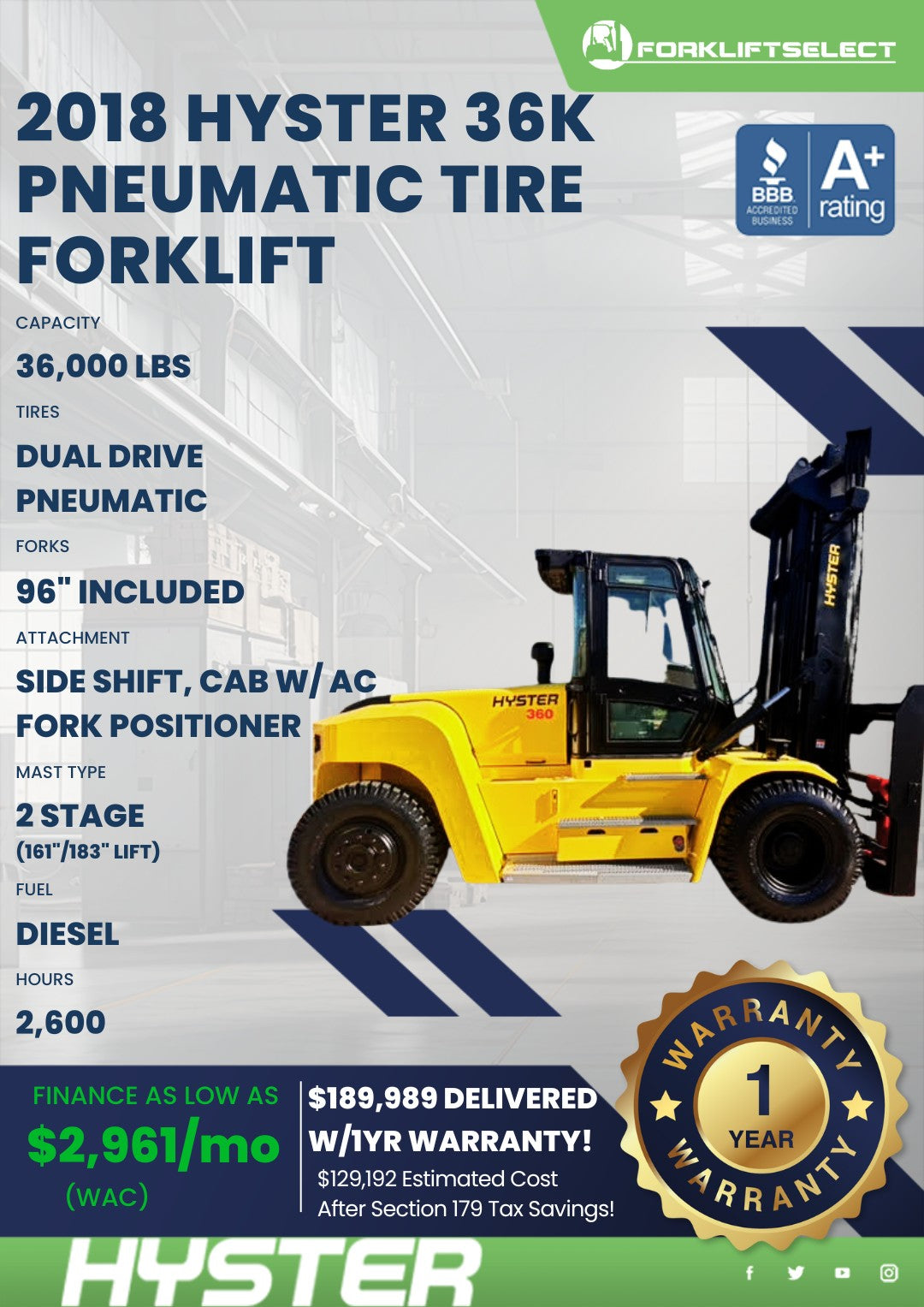 2018.0 Hyster 36K Pneumatic Tire Fo...