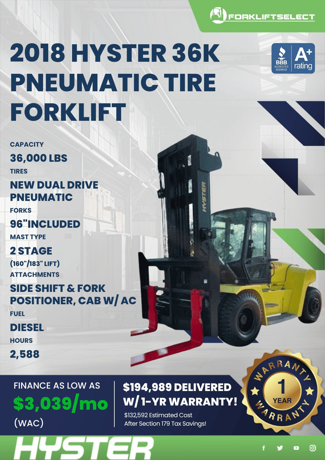 2018.0 Hyster 36K Pneumatic Tire Fo...