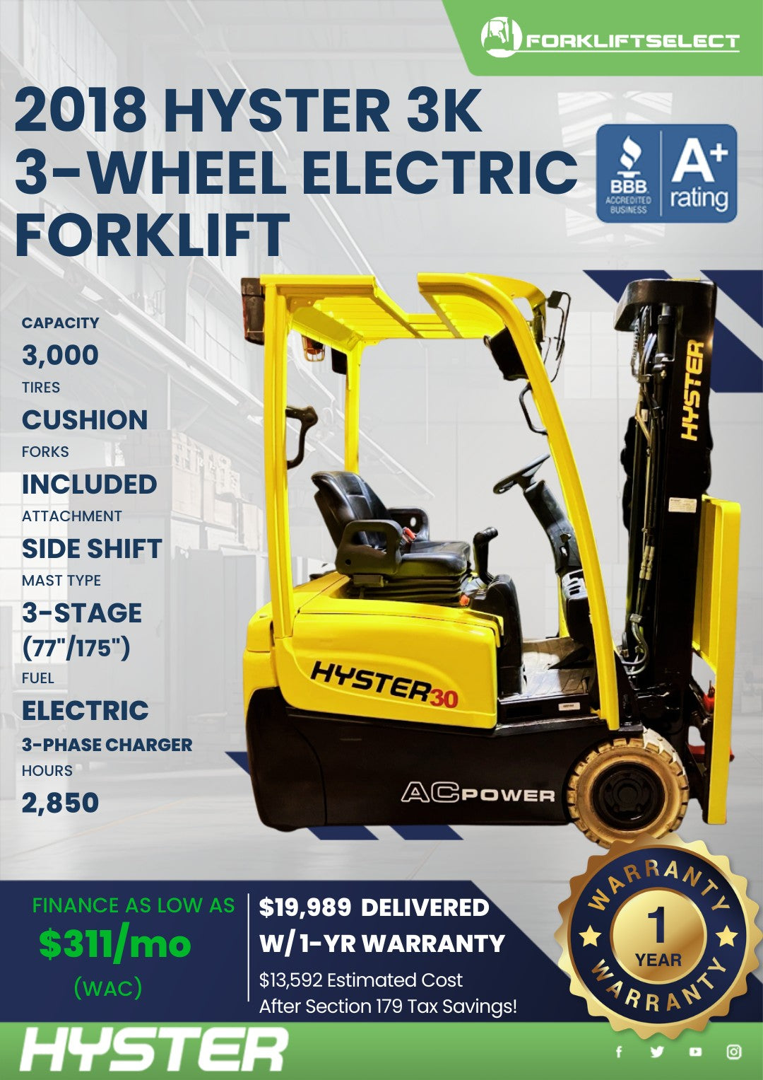 2018.0 Hyster 3K Cushion Tire Elect...