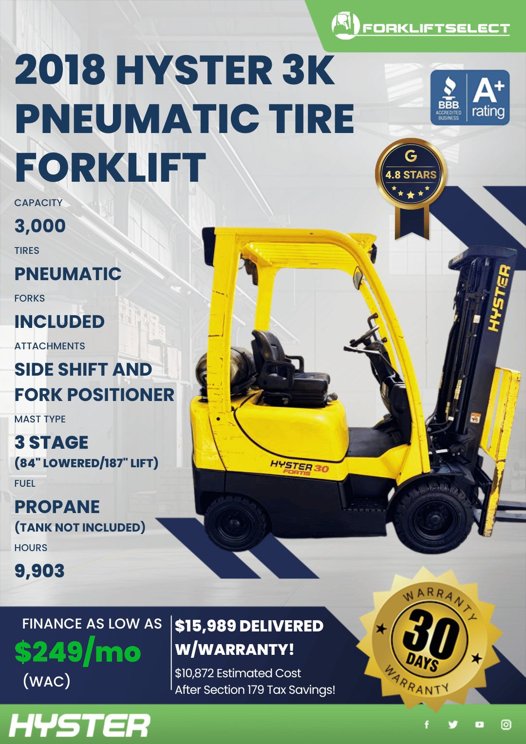 2018 Hyster 3K Pneumatic Tire Forkl...
