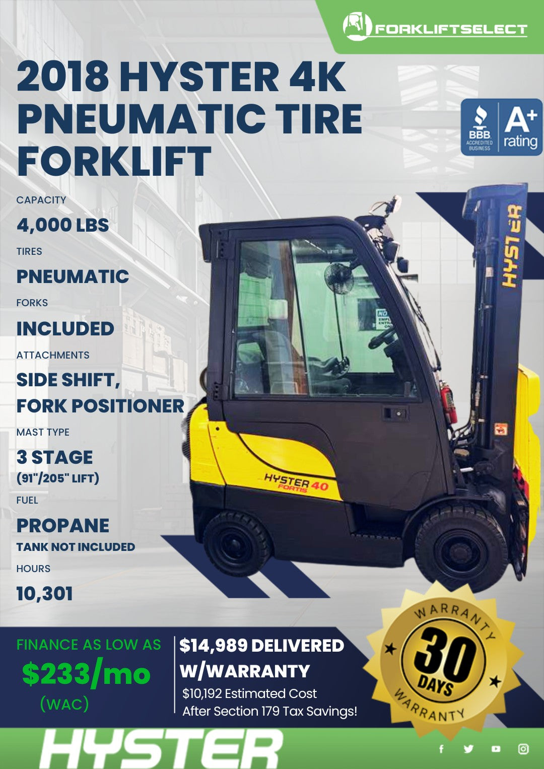 2018 Hyster 4K Pneumatic Tire Forkl...
