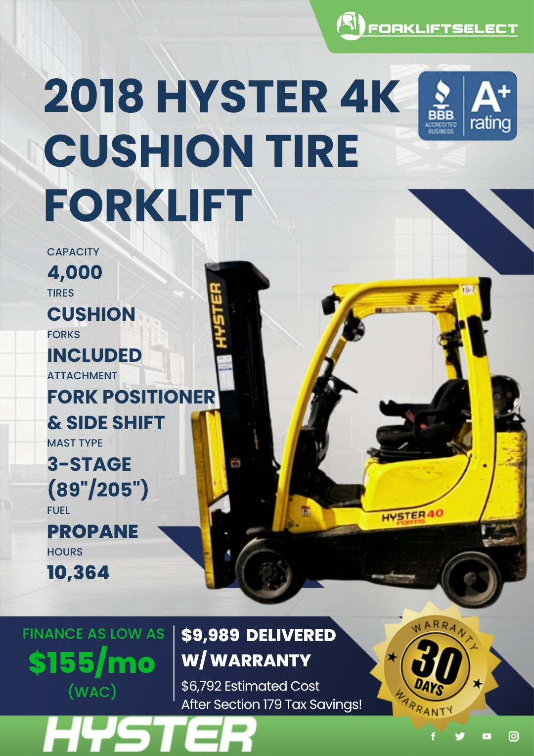 2018 Hyster 4K Cushion Tire Forklif...