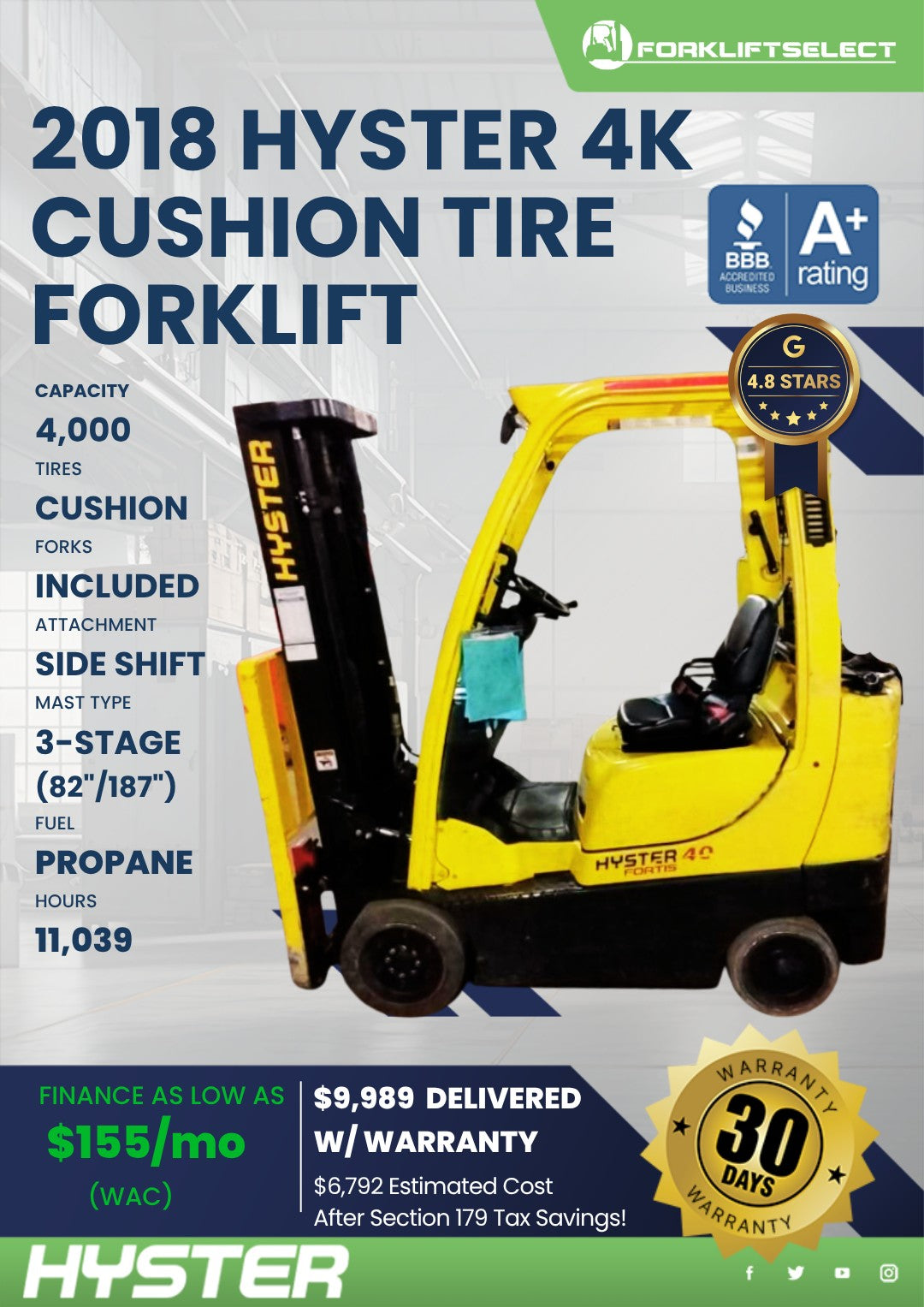 2018 Hyster 4K Cushion Tire Forklif...