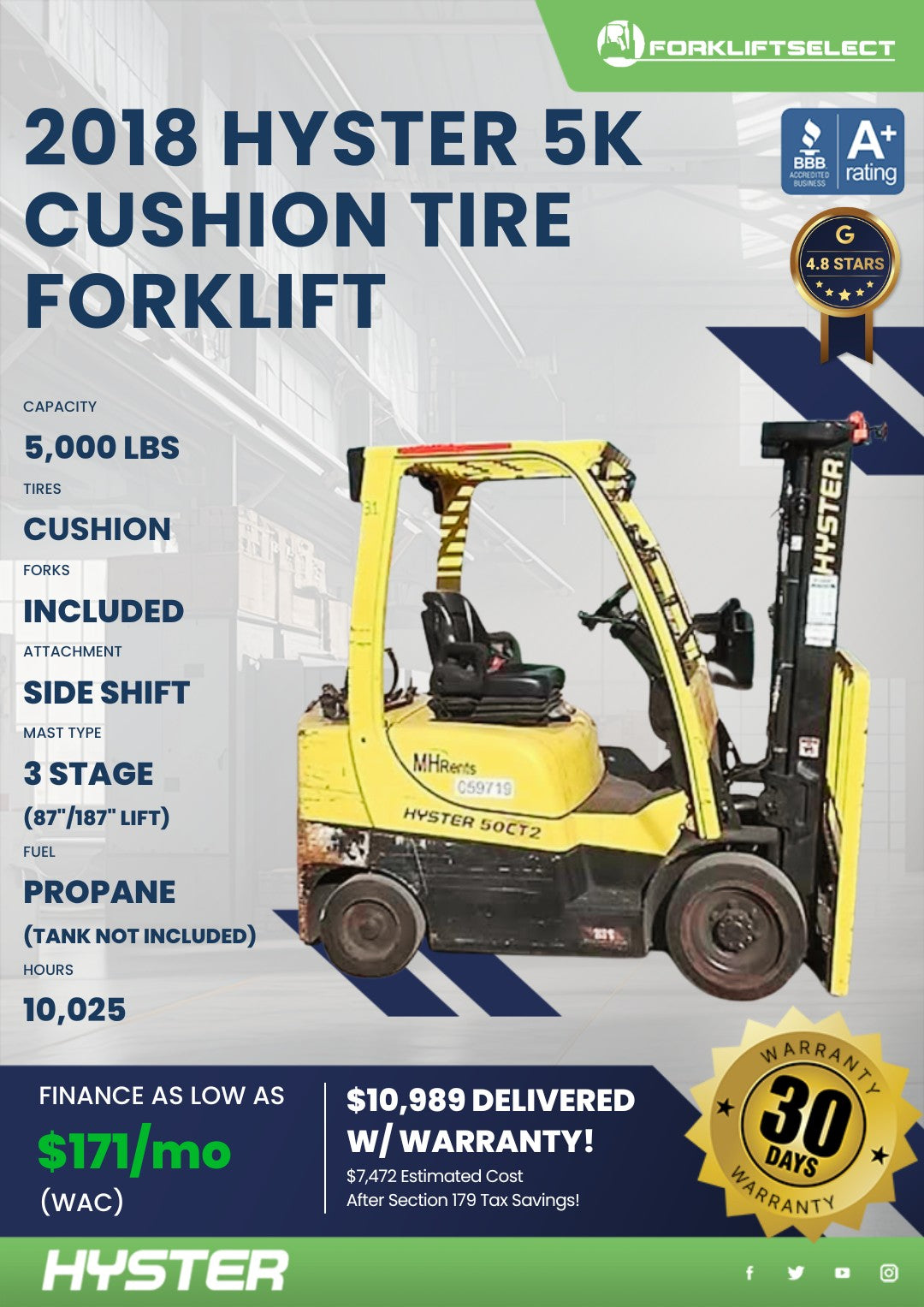 2018.0 Hyster 5K Cushion Tire Forkl...