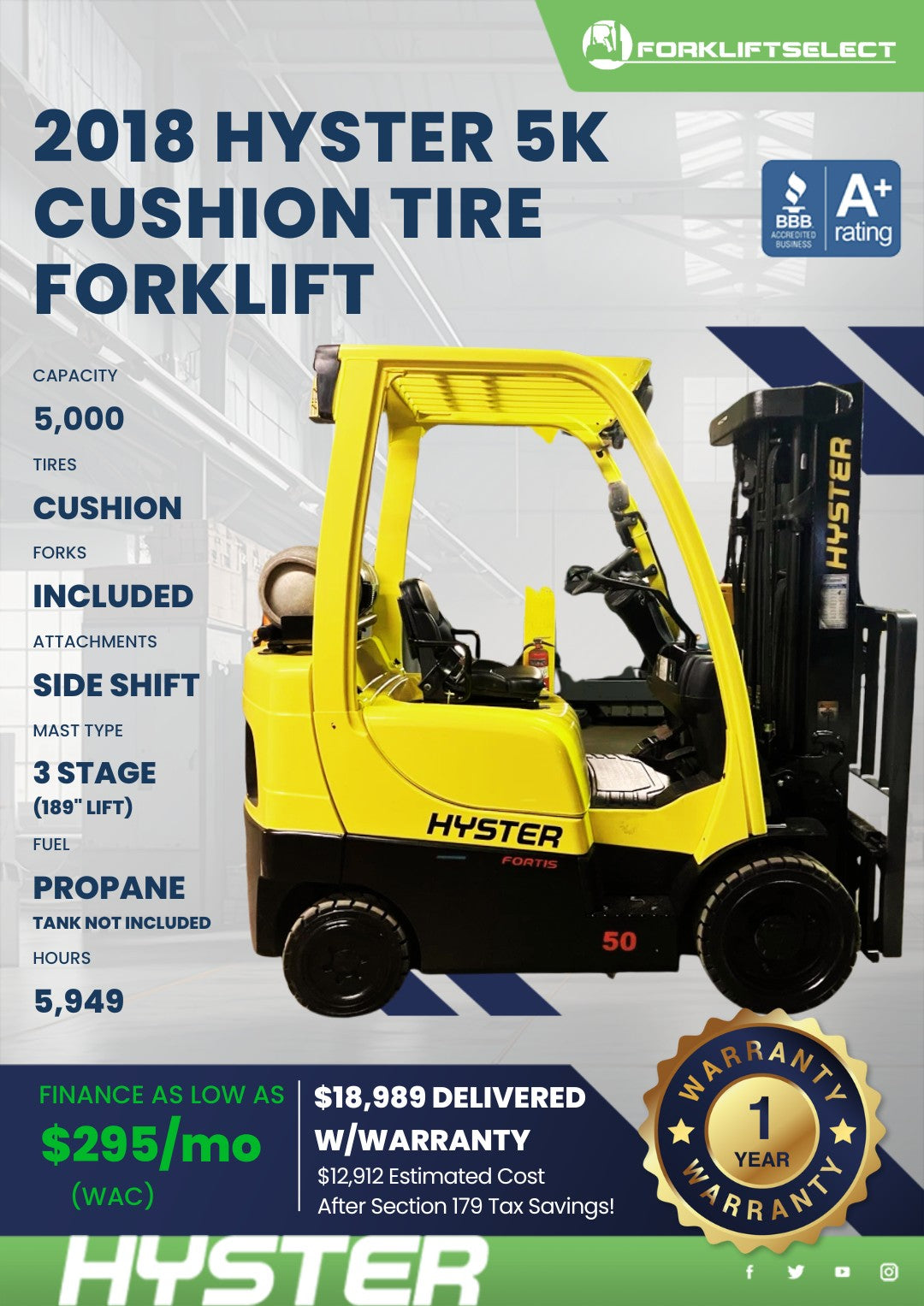 2018 Hyster 5K Cushion Tire Forklif...