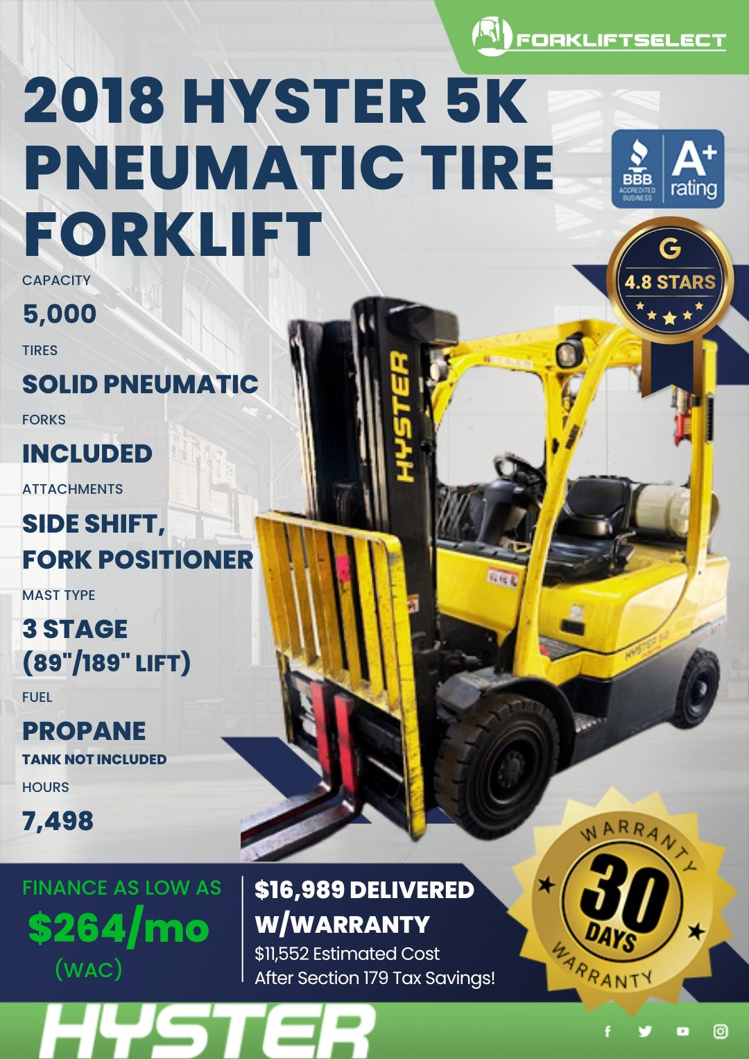 2018 Hyster 5K Pneumatic Tire Forkl...