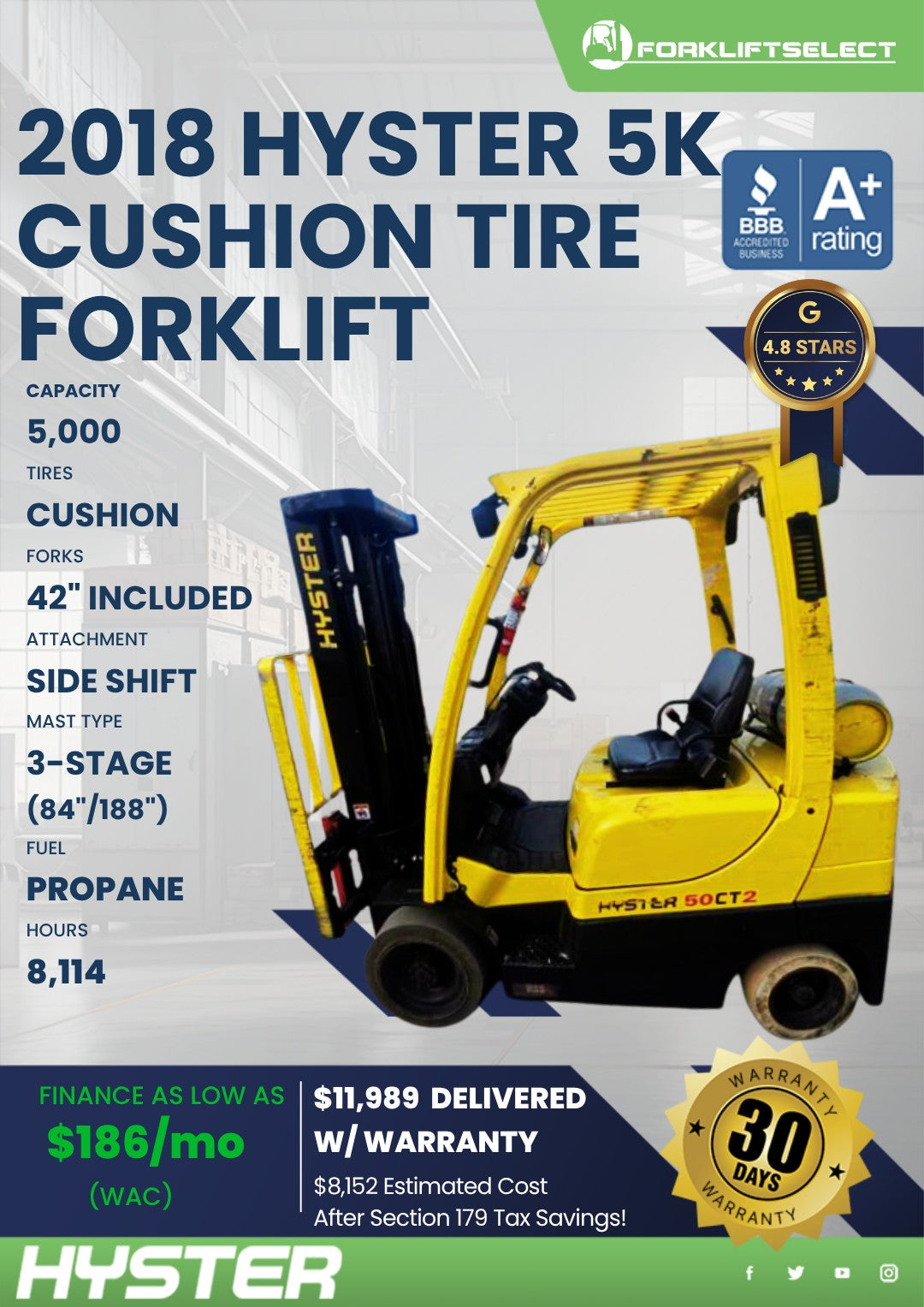 2018 Hyster 5K Cushion Tire Forklif...