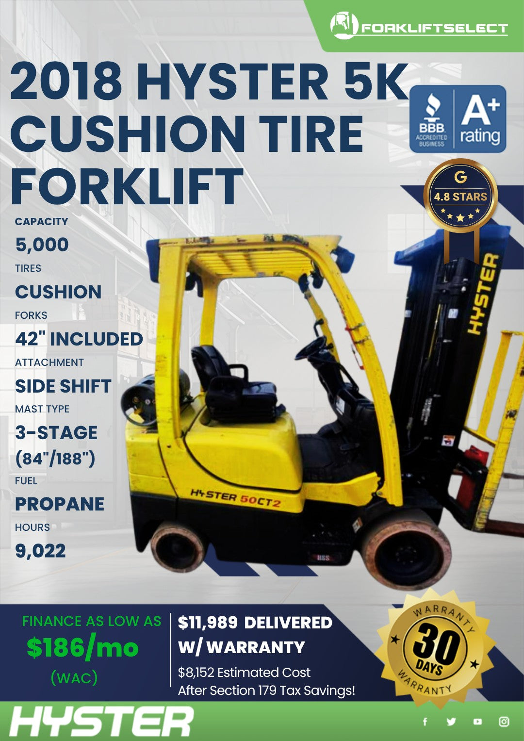 2018 Hyster 5K Cushion Tire Forklif...