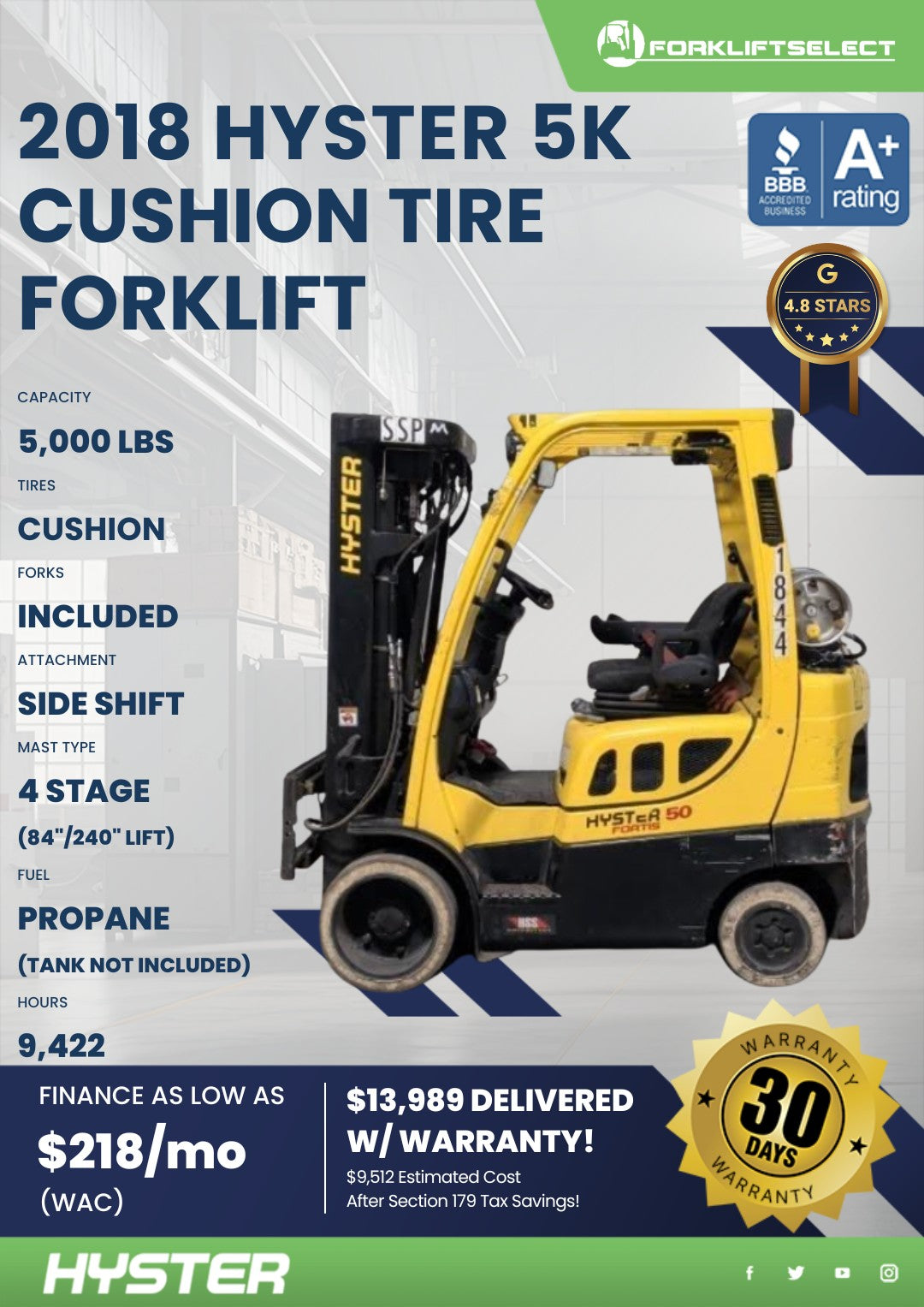 2018 Hyster 5K Cushion Tire Forklif...