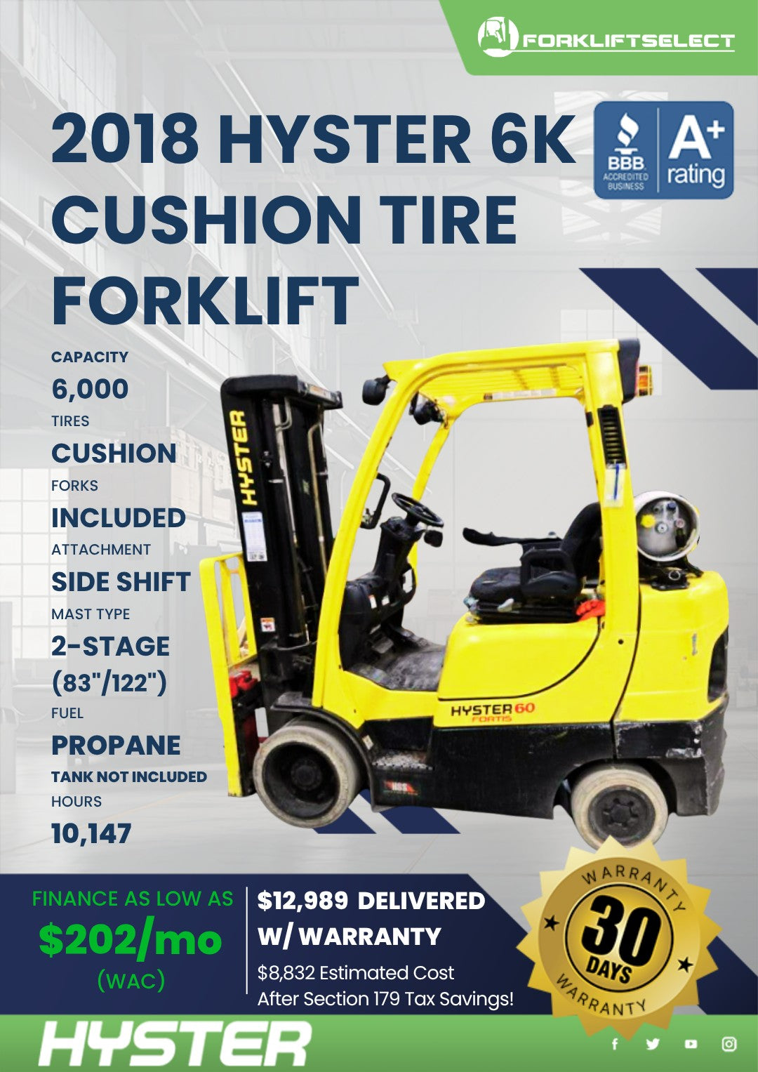 2018 Hyster 6K Cushion Tire Forklif...