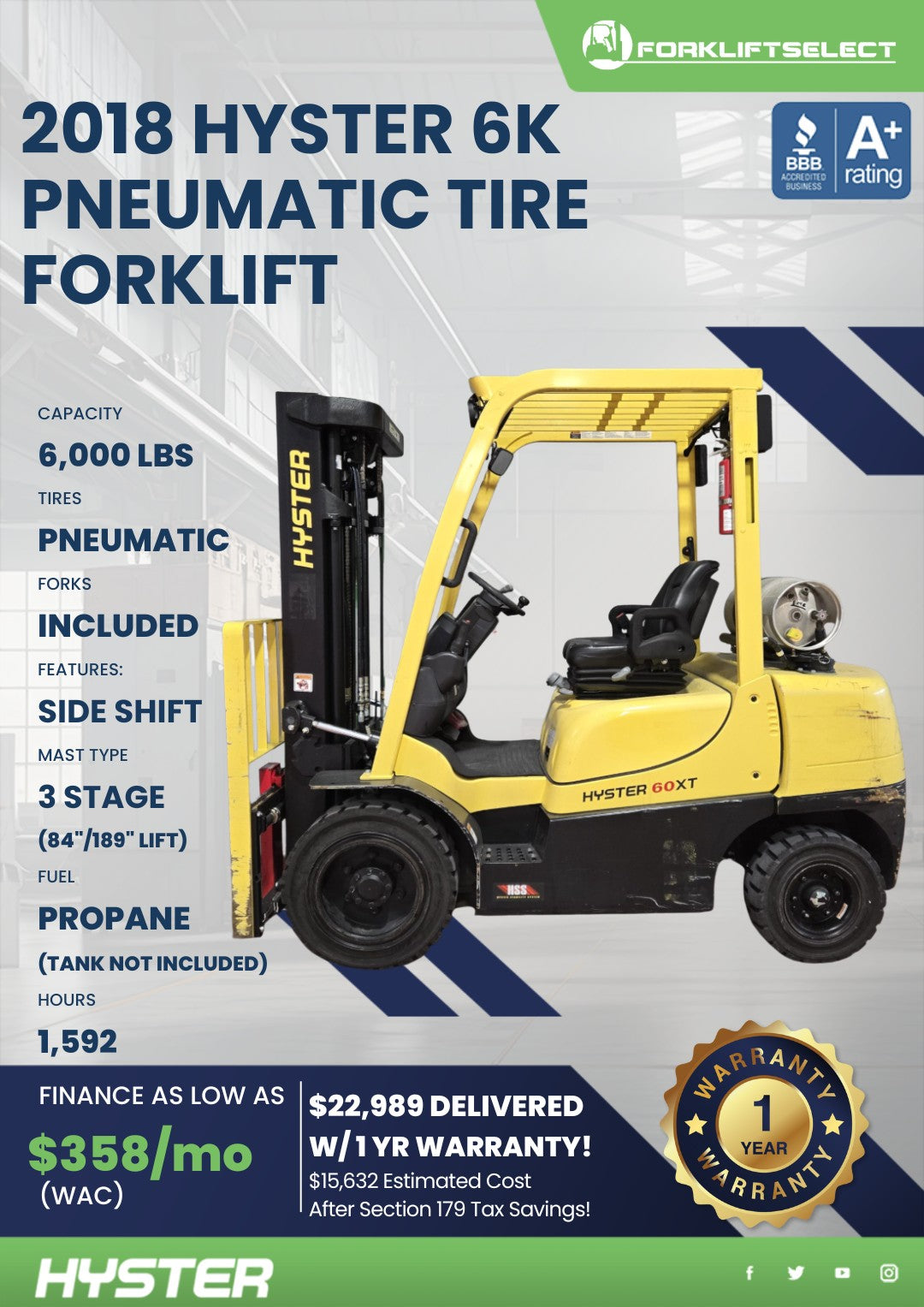 2018 Hyster 6K Pneumatic Tire Forkl...