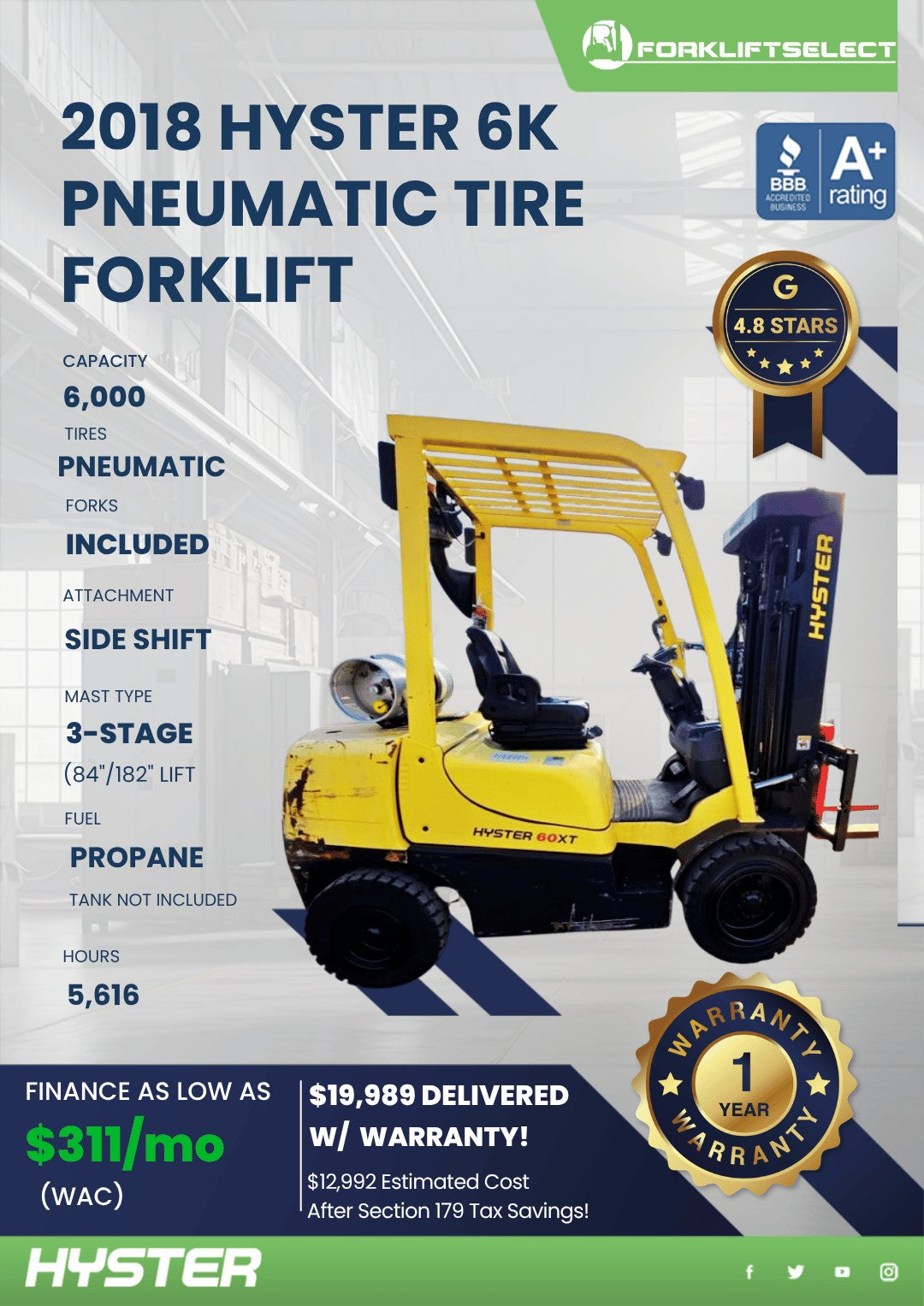 2018 Hyster 6K Pneumatic Tire Forkl...