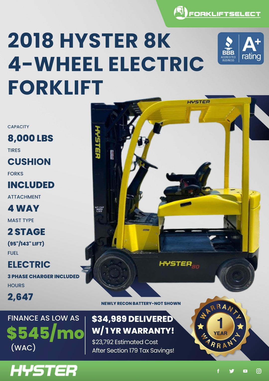 2018.0 Hyster 8K Cushion Tire Forkl...