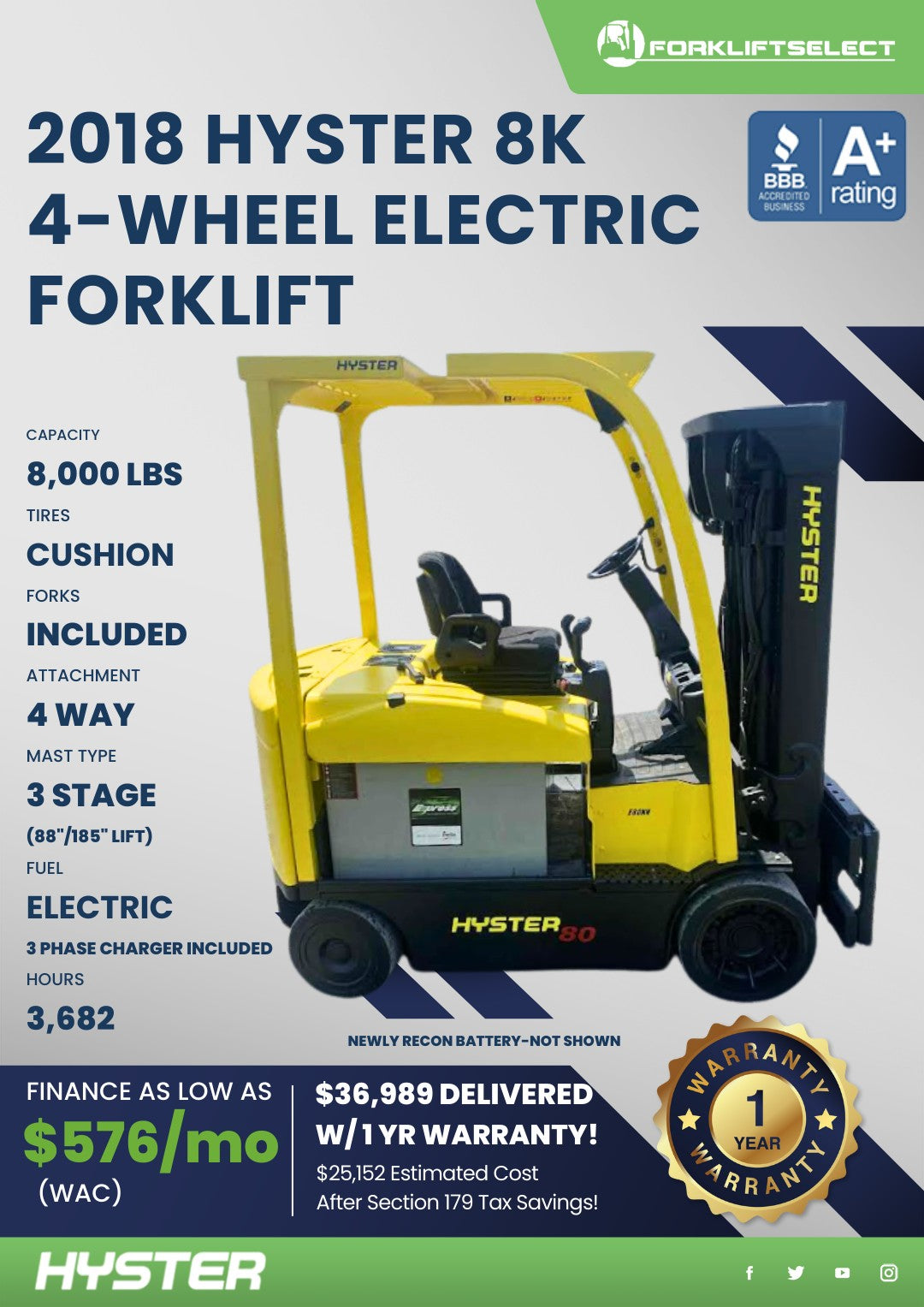 2018.0 Hyster 8K Cushion Tire Forkl...