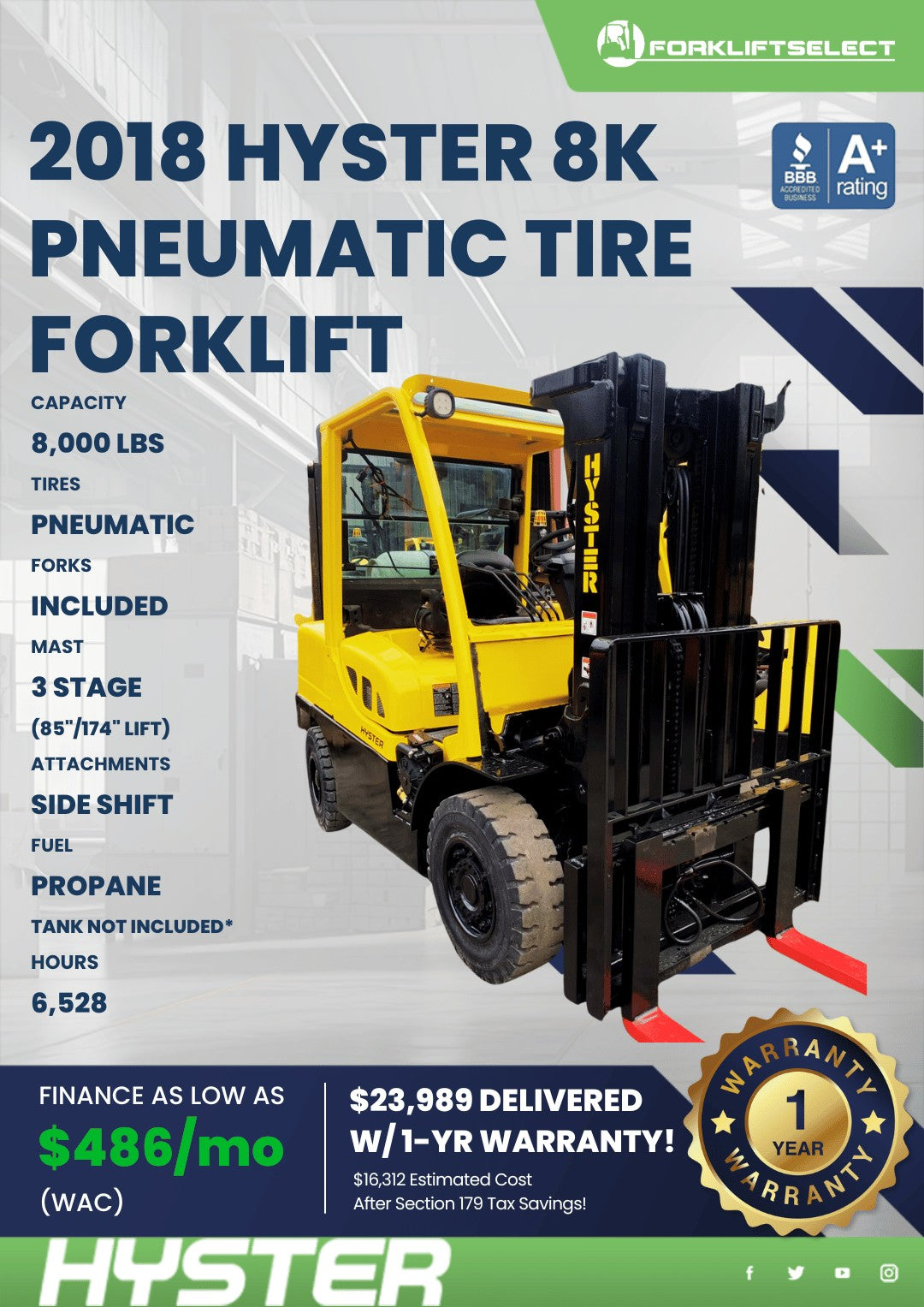2018 Hyster 8K Pneumatic Tire Forkl...