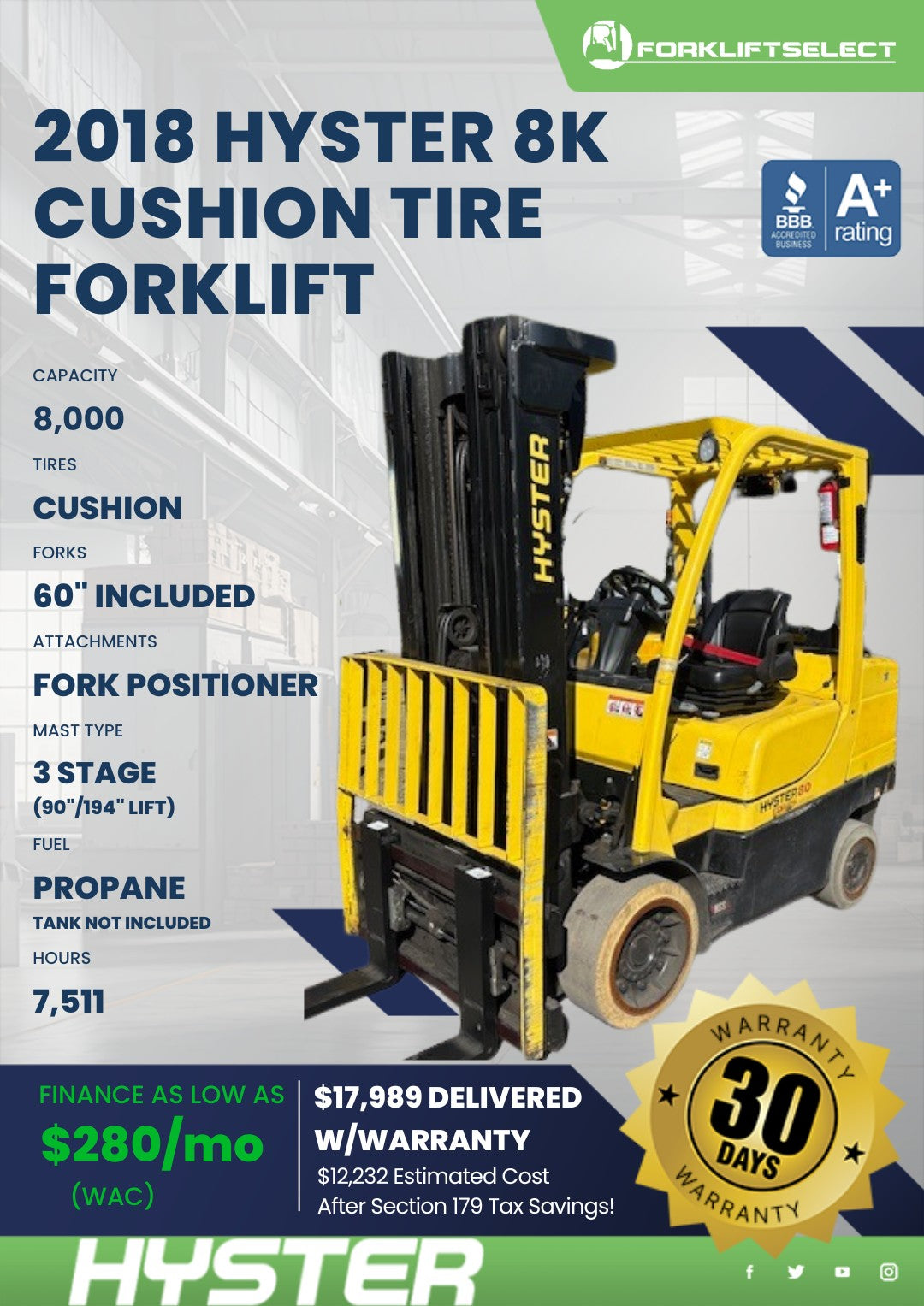 2018 Hyster 8K Cushion Tire Forklif...