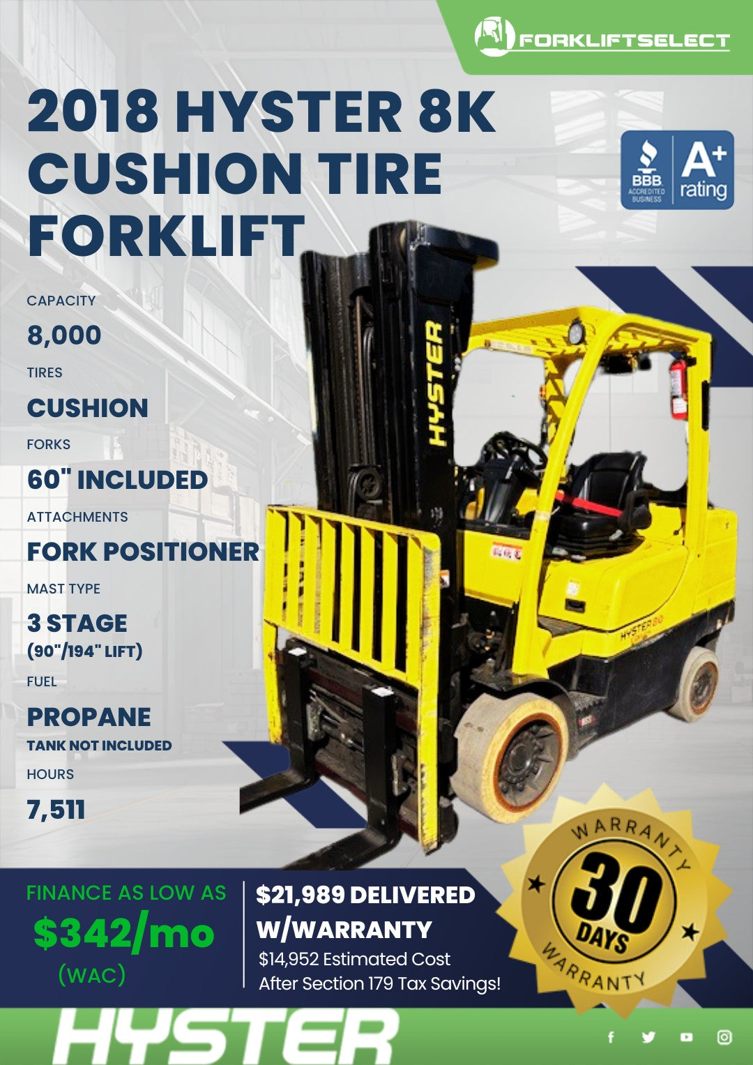 2018 Hyster 8K Cushion Tire Forklif...