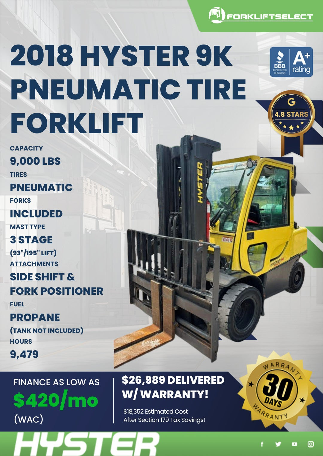 2018 Hyster 9K Pneumatic Tire Forkl...