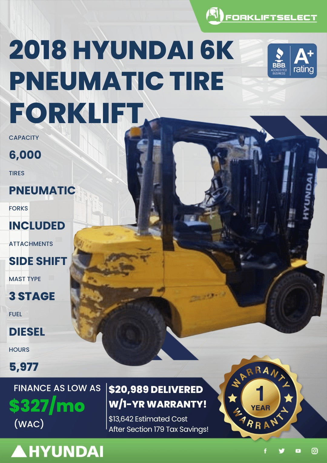 2018 Hyundai 6K Pneumatic Tire Fork...