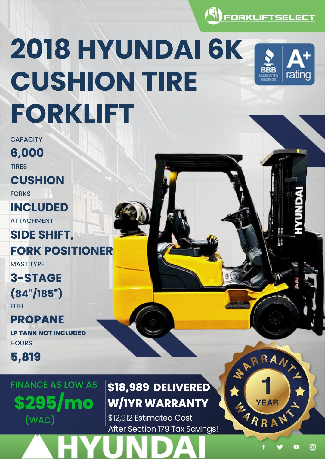 2018.0 Hyundai 6K Cushion Tire Fork...