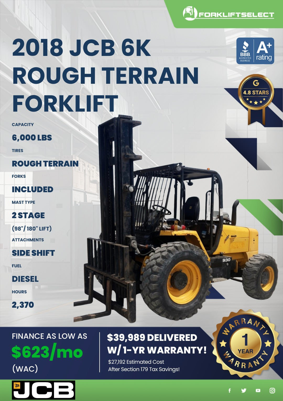 2018 JCB 6K Rough Terrain Forklift