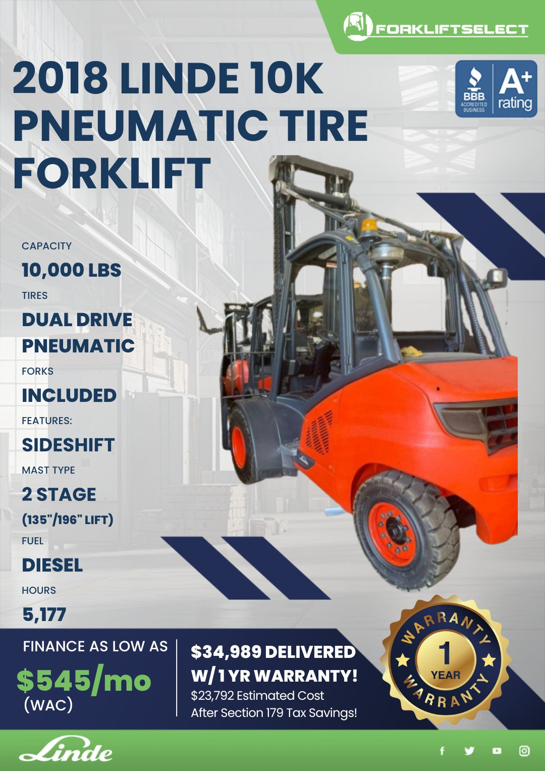 2018.0 Linde 10K Pneumatic Tire For...