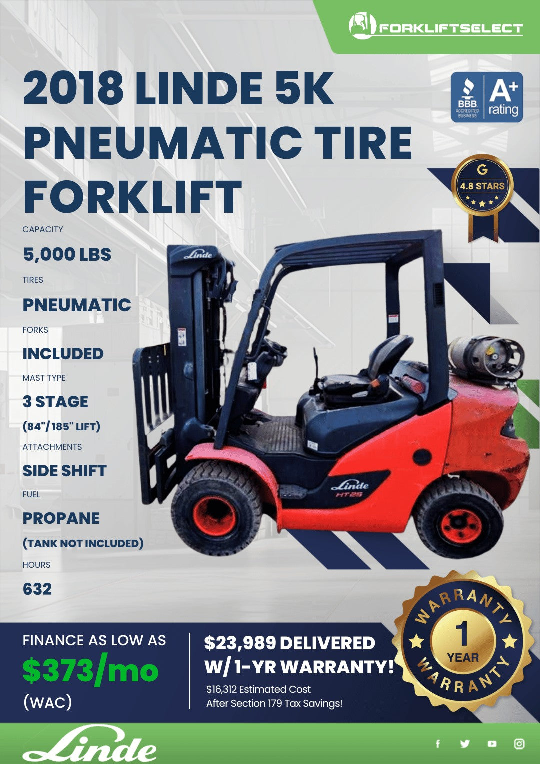2018.0 Linde 5K Pneumatic Tire Forklift