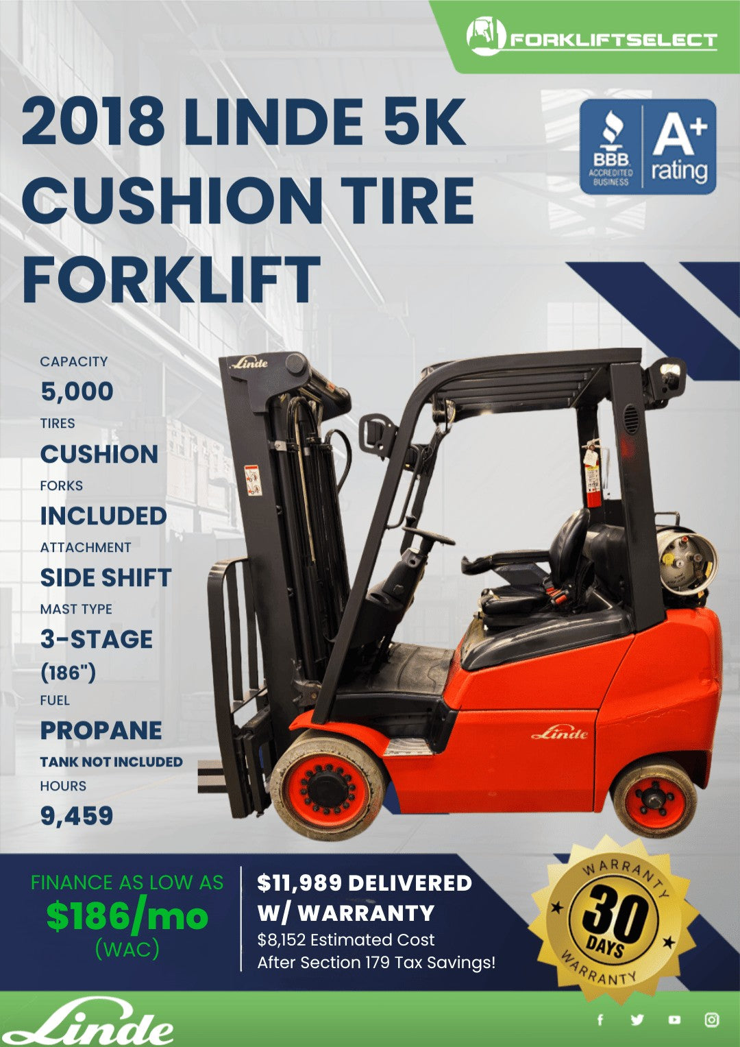 2018 Linde 5K Cushion Tire Forklift...
