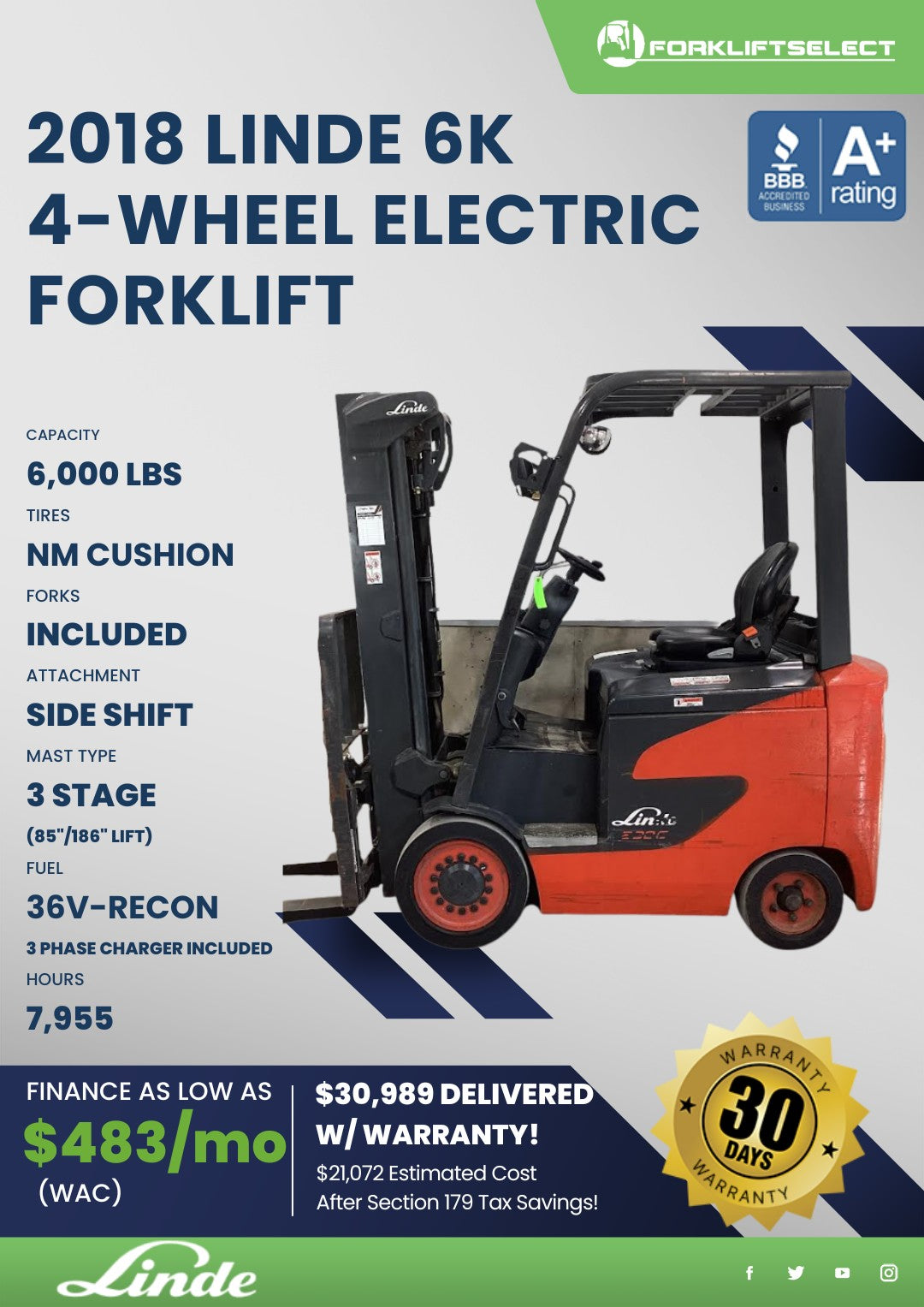 2018 Linde 6K Cushion Electric Fork...