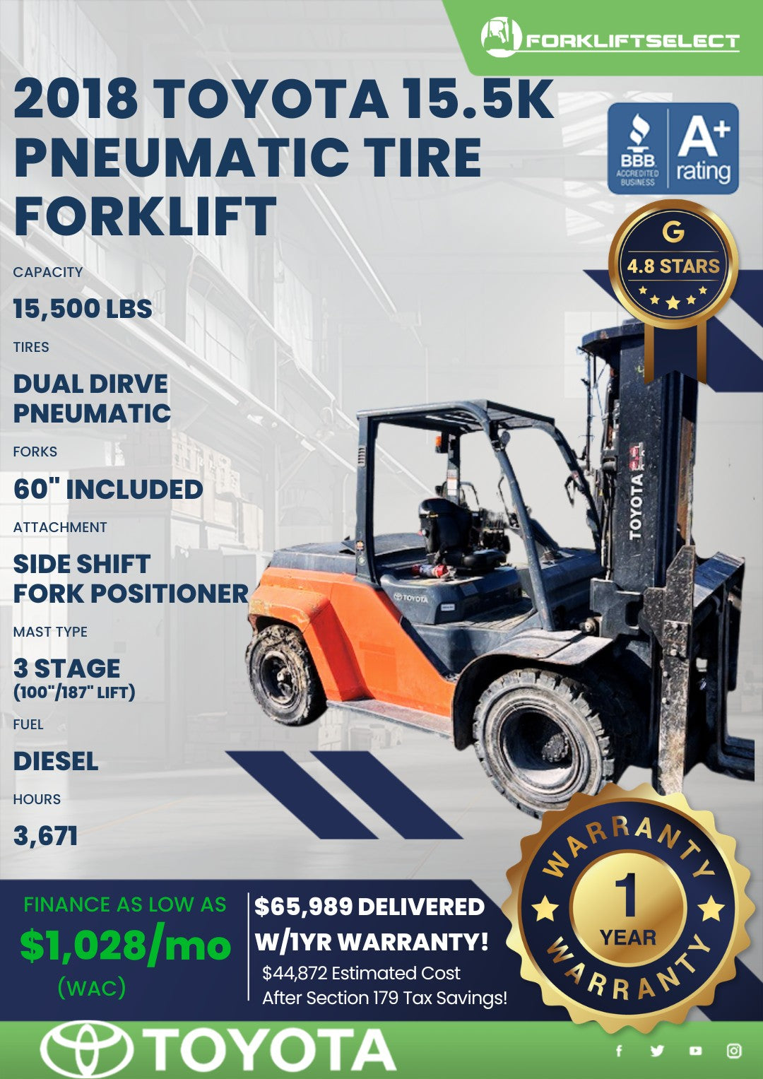 2018 Toyota 15.5K Pneumatic Tire Forklift