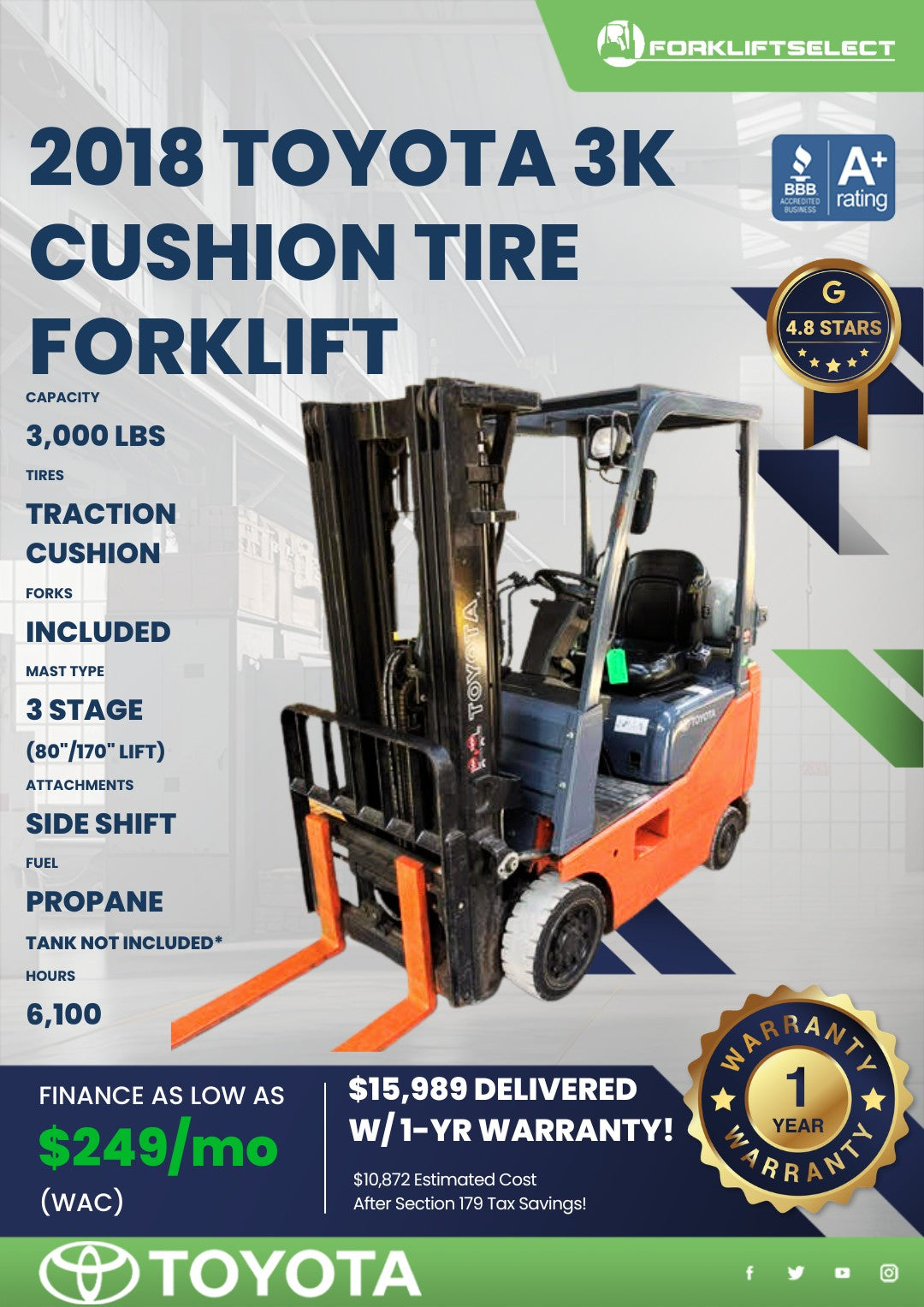 2018 Toyota 3K Cushion Tire Forklif...