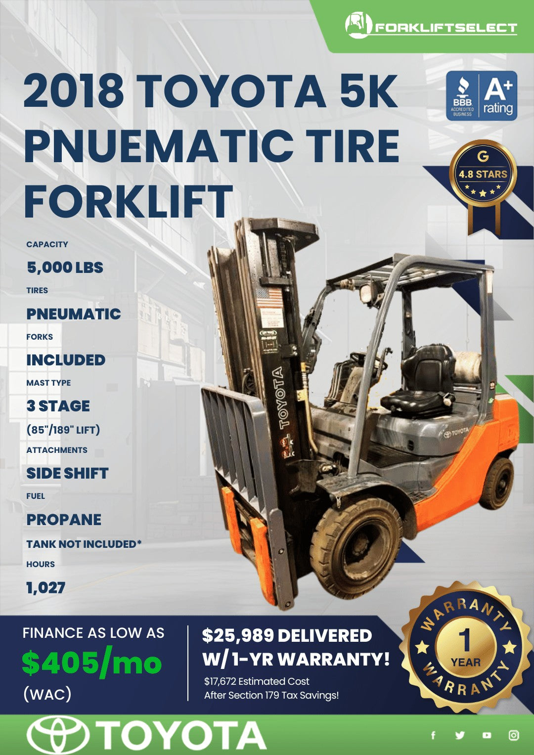 2018 Toyota 5K Pneumatic Tire Forkl...