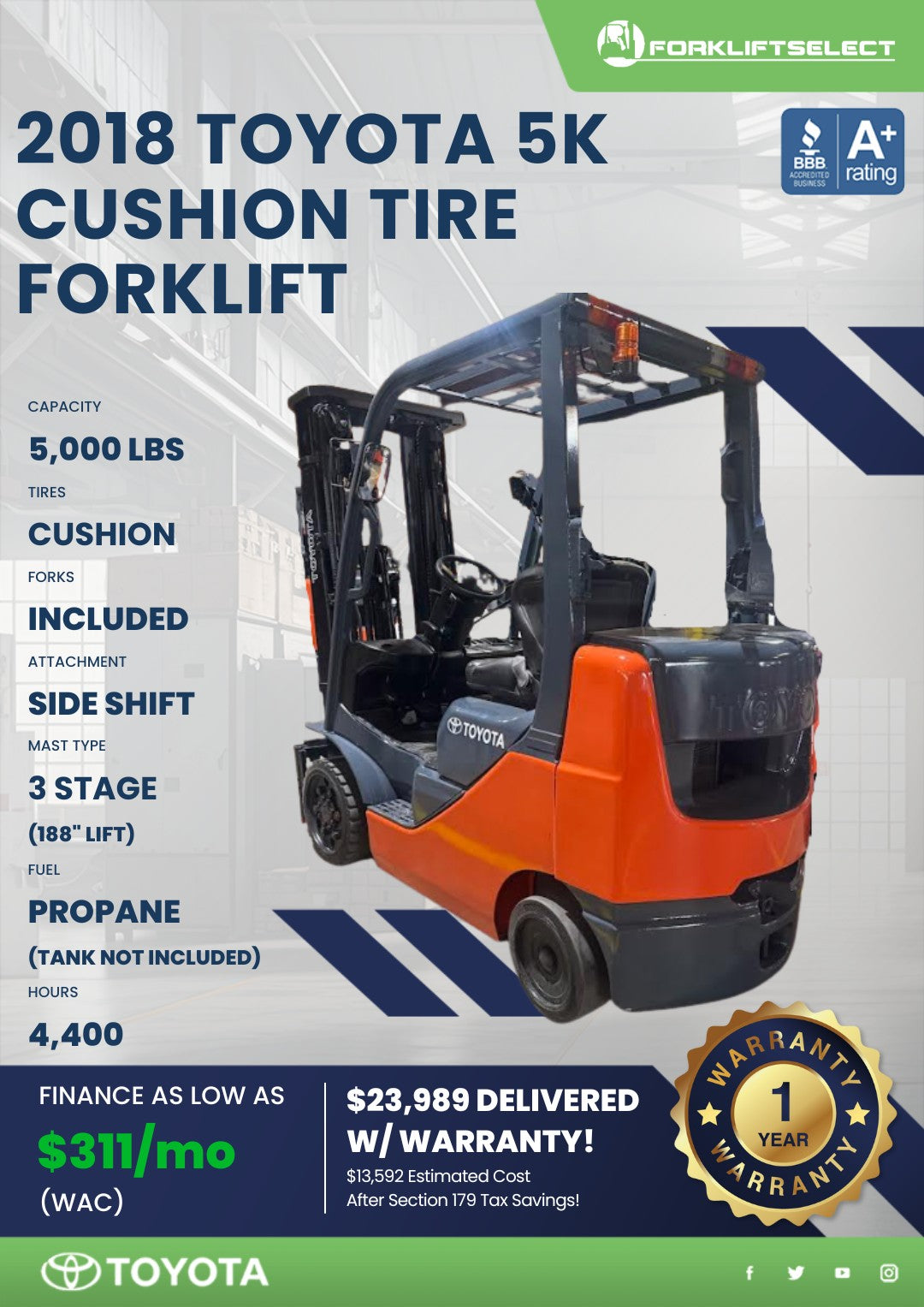 2018 Toyota 5K Cushion Tire Forklif...