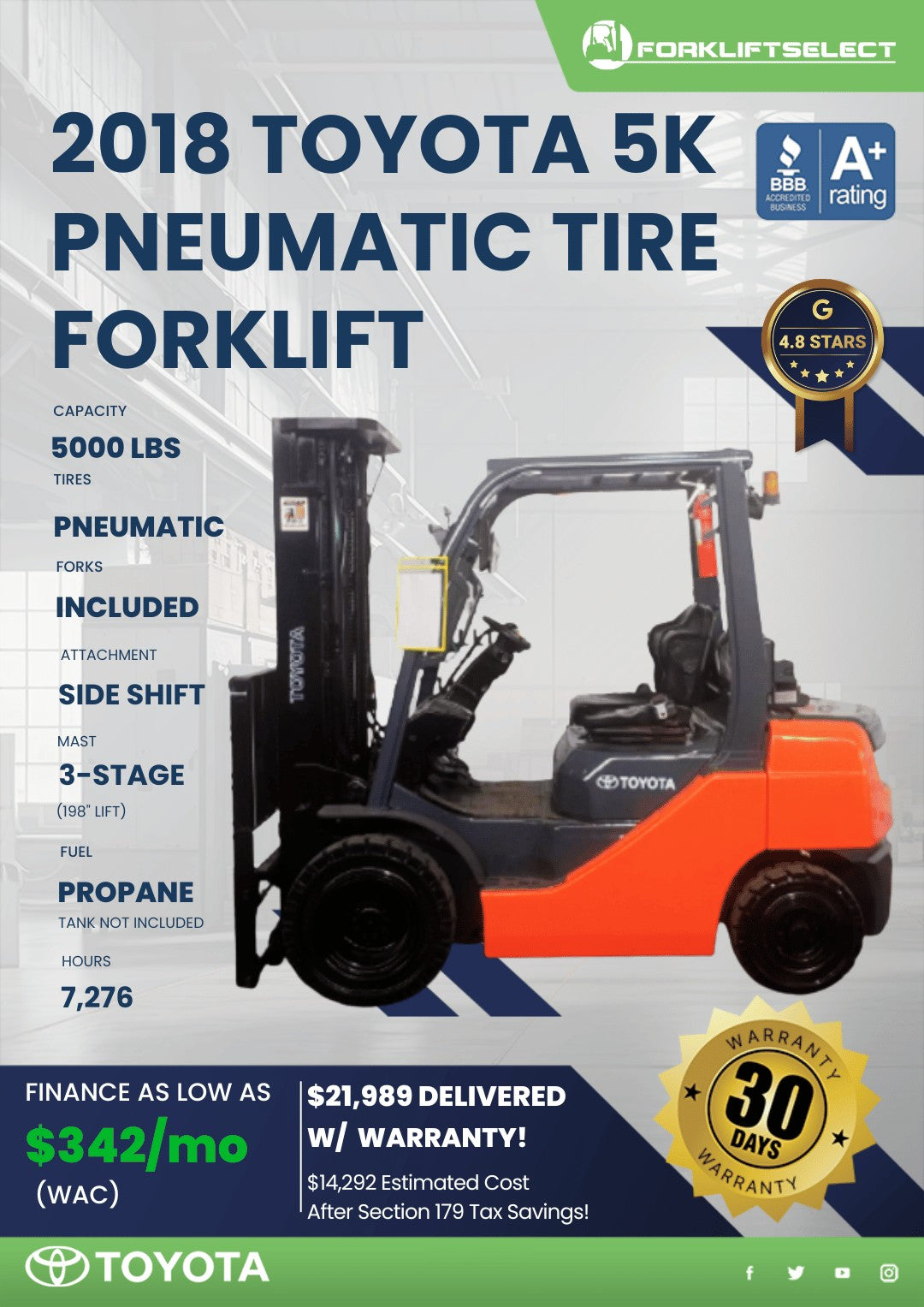 2018 Toyota 5K Pneumatic Tire Forkl...