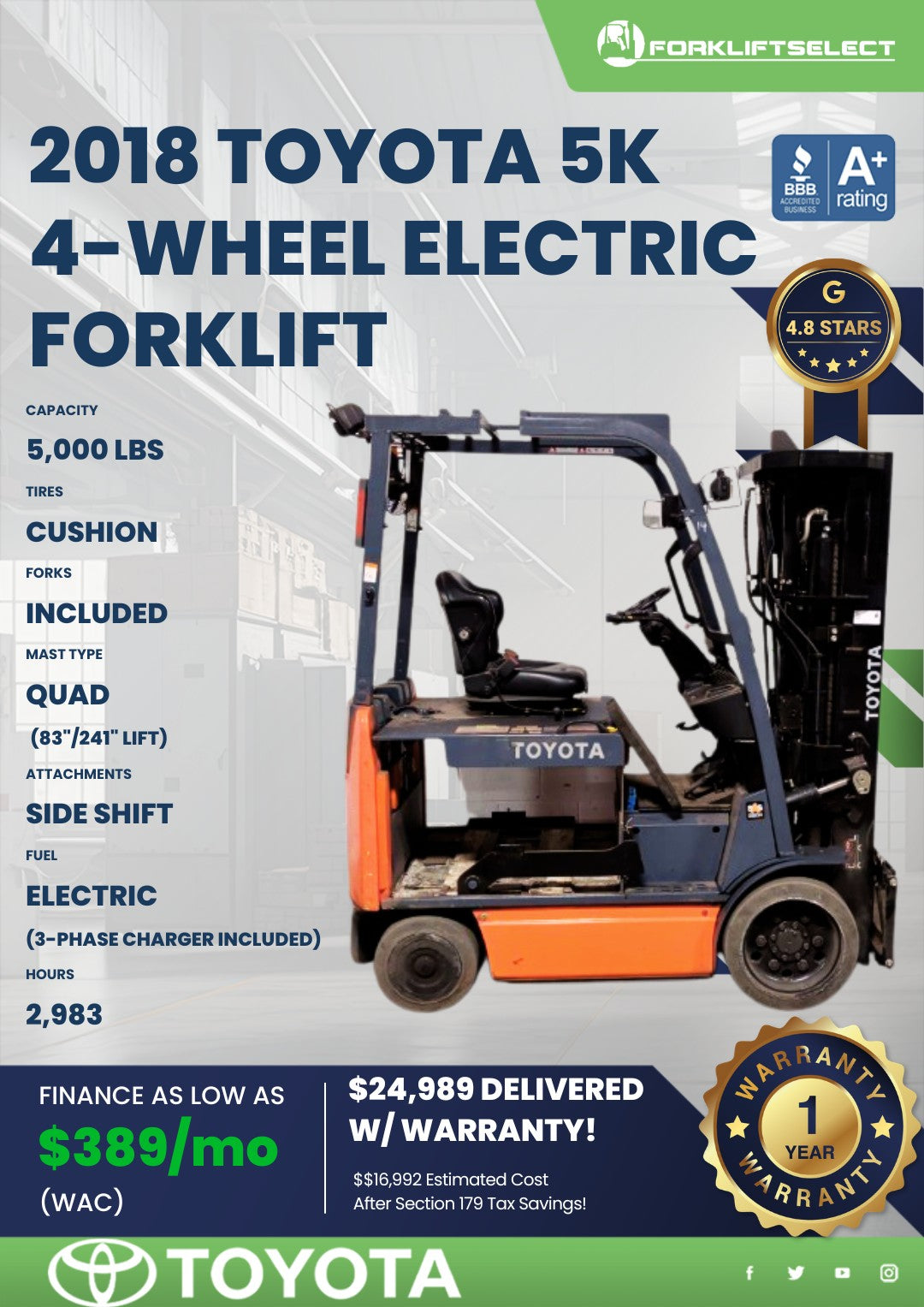 2018 Toyota 5K Cushion Tire Forklif...