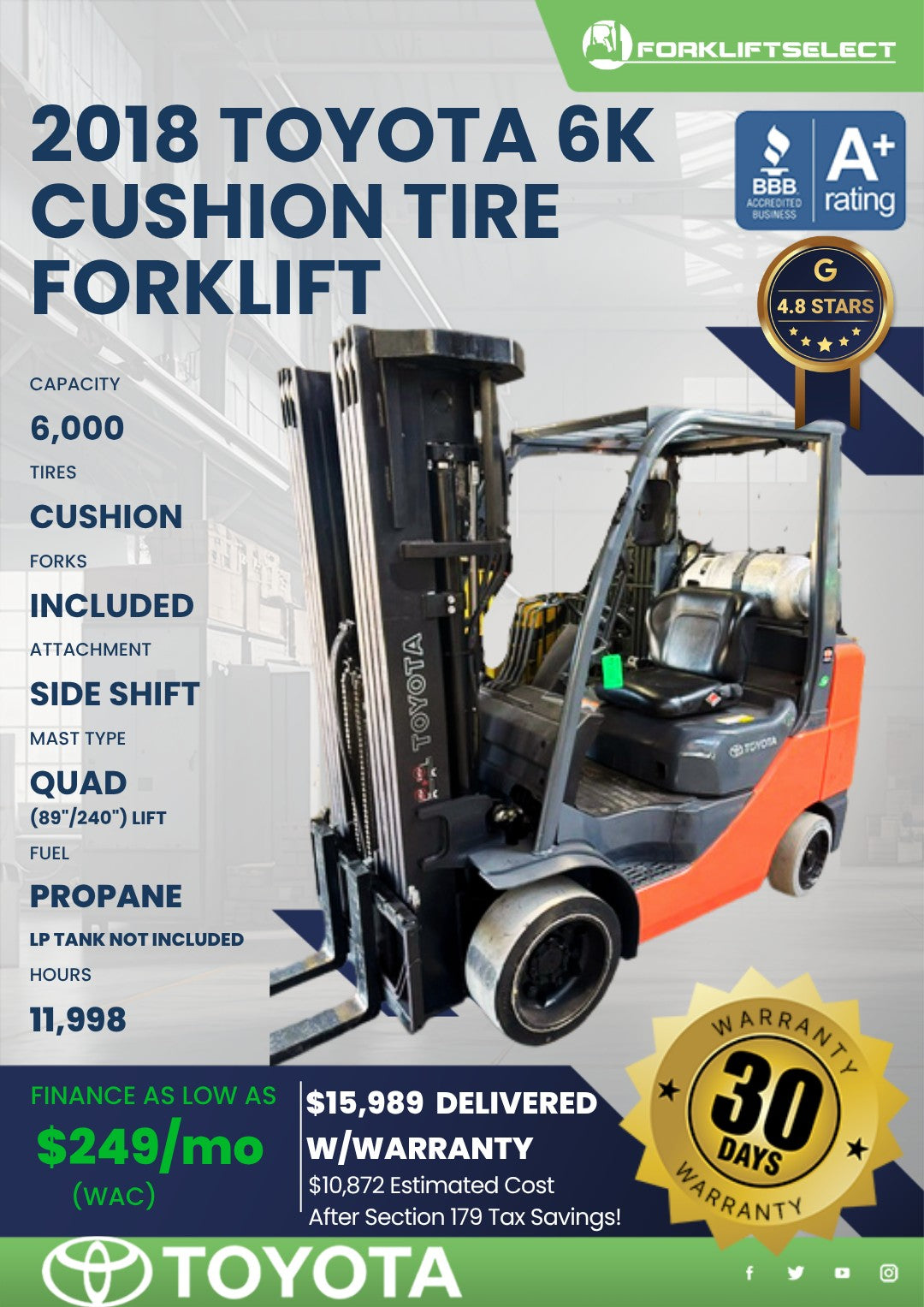 2018 Toyota 6K Cushion Tire Forklif...