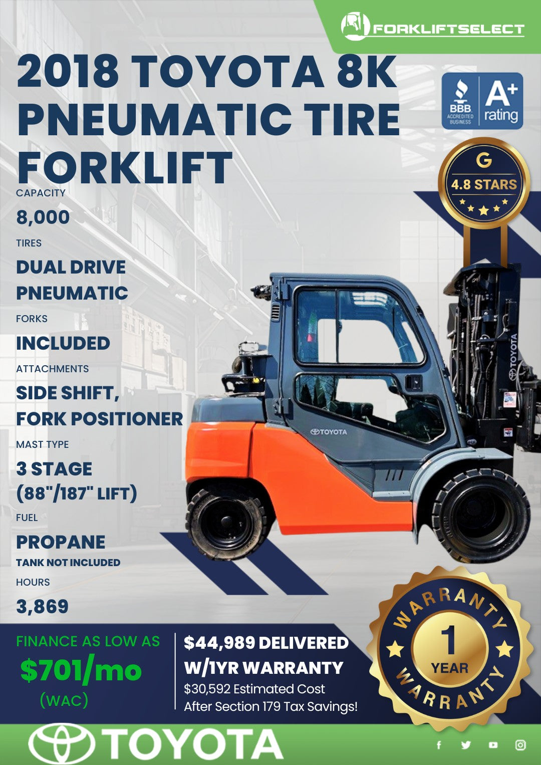 2018 Toyota 8K Pneumatic Tire Forkl...