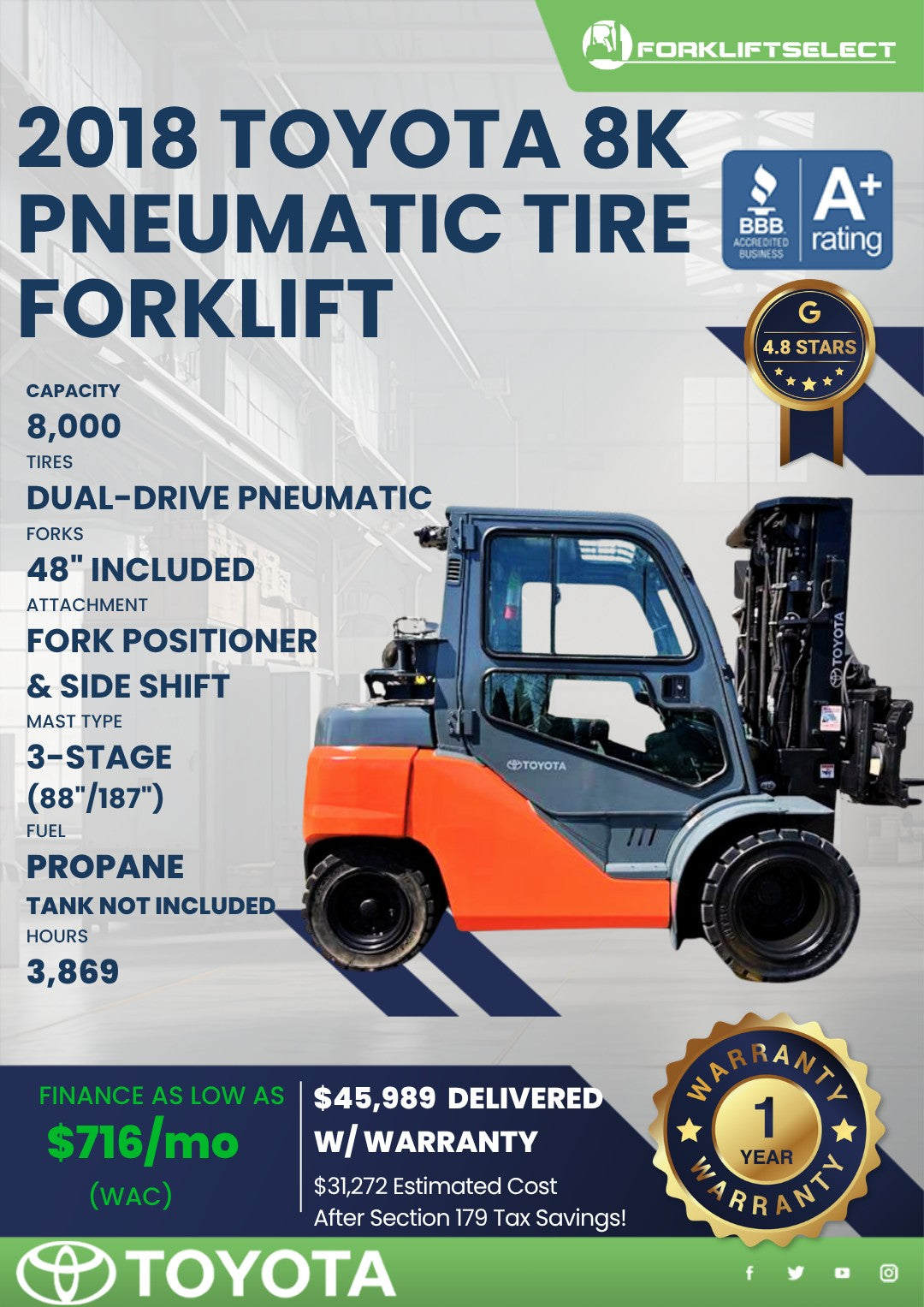 2018 Toyota 8K Pneumatic Tire Forklift