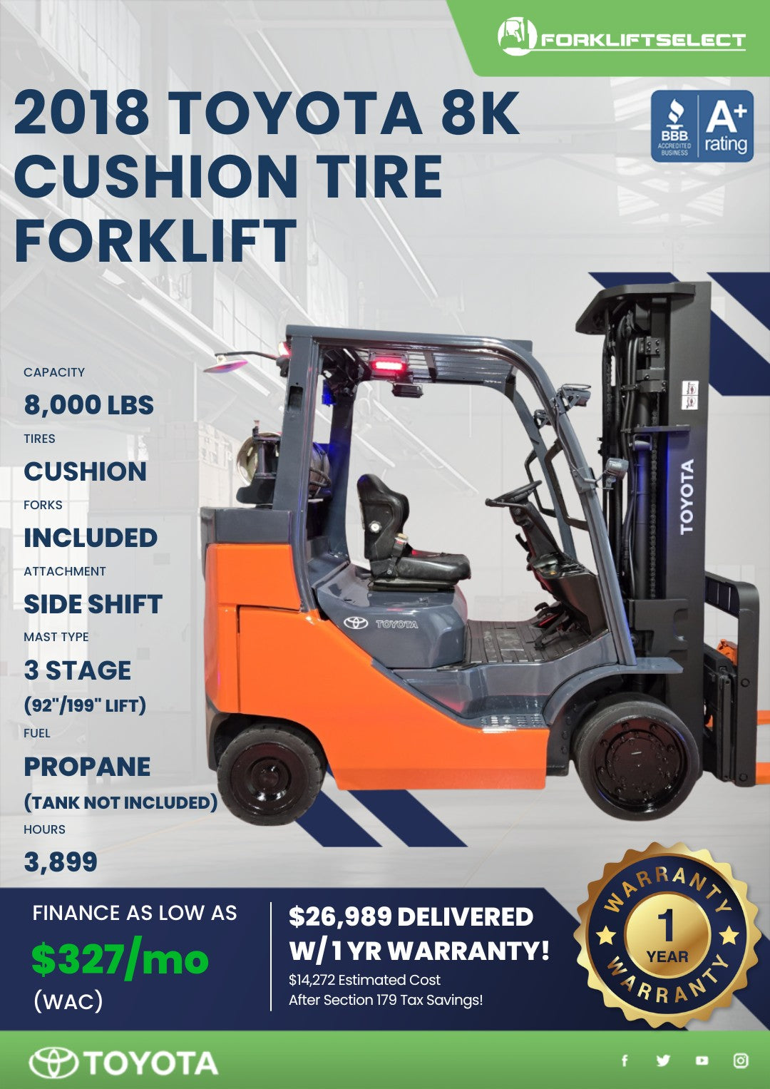 2018.0 Toyota 8K Cushion Tire Forkl...